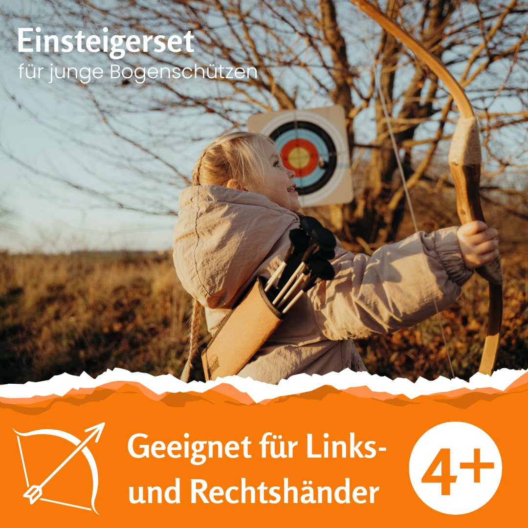 FLITZEBOGEN Pfeil und Bogen Kinder Set aus Holz mit Saugnapfpfeilen | Zielscheibe Köcher Armschutz und Tasche