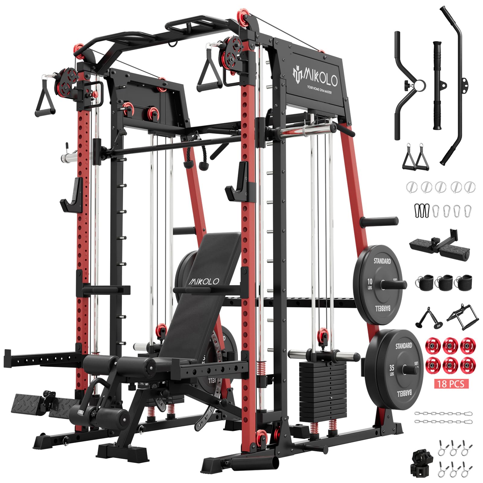 Mikolo M4 2.0 Smith Machine, 2200lbs Squat Rack with LAT-Pull Down System & Cable Crossover Machine, Training Equipment with Leg Hold-Down Attachment