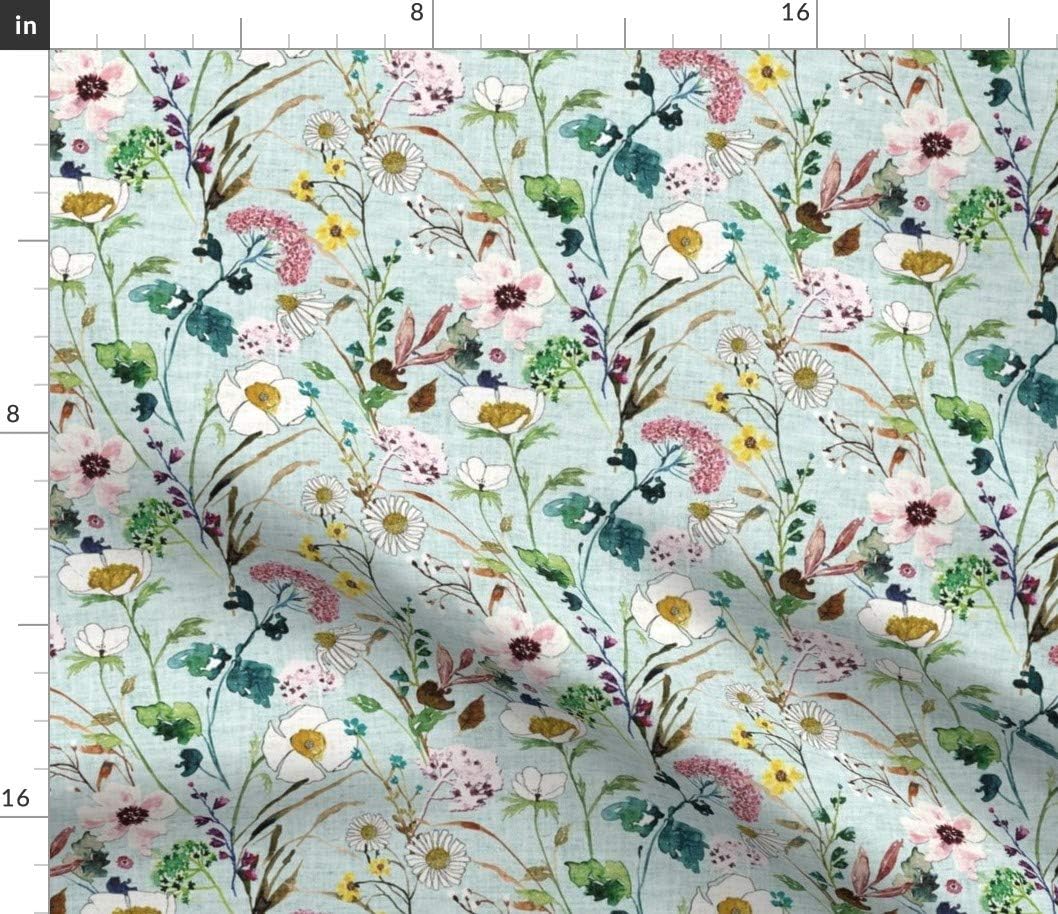 Spoonflower Fabric - Painted Wildflowers Wedding Woven Look Mint Green Blue Duck Egg Printed on Petal Signature Cotton Fabric by The Yard - Sewing Quilting Apparel Crafts Decor