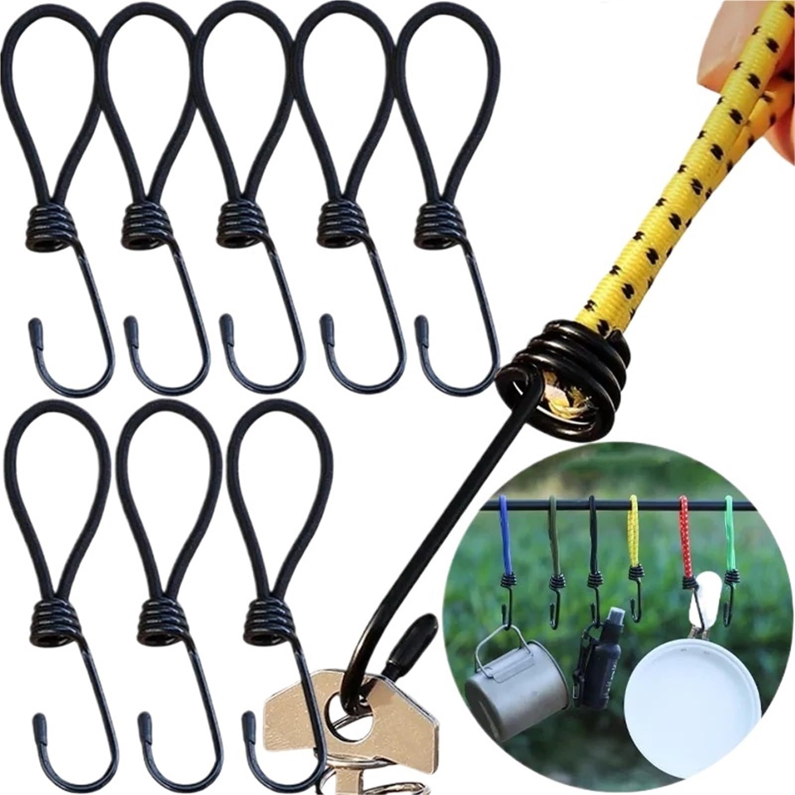 Rubber Bungee Cords With Hooks 20 Pcs High Elastic Rope Hook Anti-wind Canopy Tarp Tent Cords String Luggage Camping Bungee Straps Fixed Carabiner Hooks(Blue)