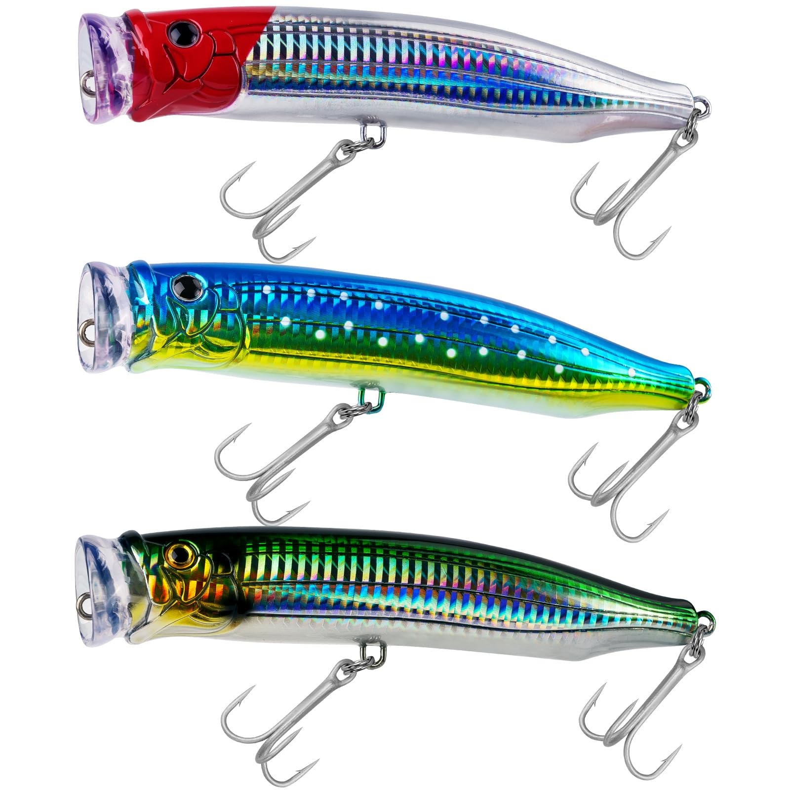 THKFISH Popper Lures Saltwater Tuna Popper Topwater Fishing Lures for Surf Fishing Bass with 3D Eyes for GT Tuna Large Fish 5.9in 1pc/3pcs (3PCS-Bluegreen-RED-GRN)