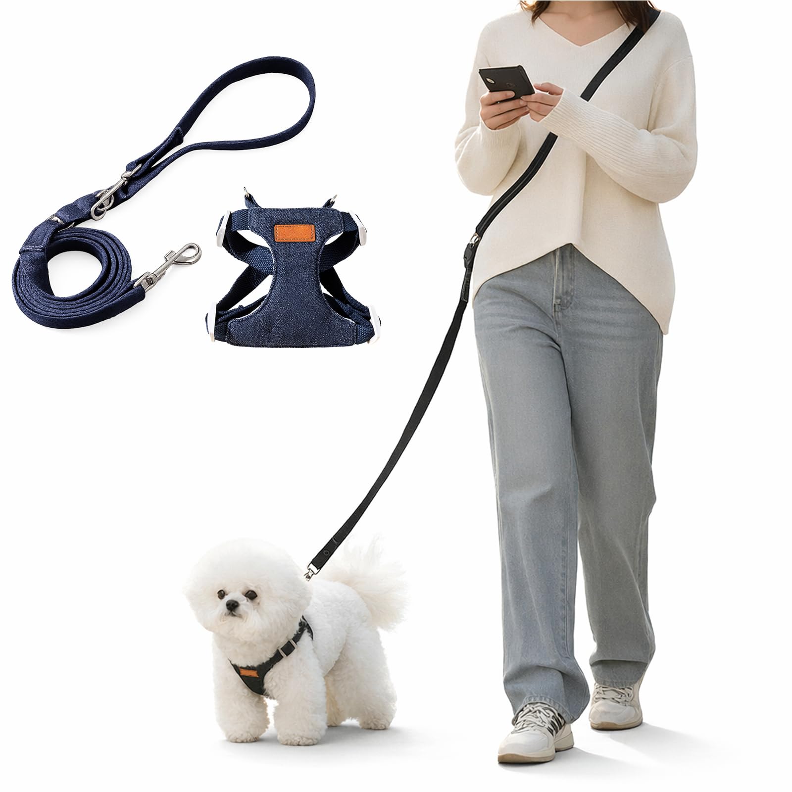 Persevere Hands Free Dog Leash and Harness Set, Adjustable No Pull Puppy Harness, Soft Breathable H-Type Vest for Small Medium Dogs Cats Walking Jogging Training (Denim Blue, S) - 2