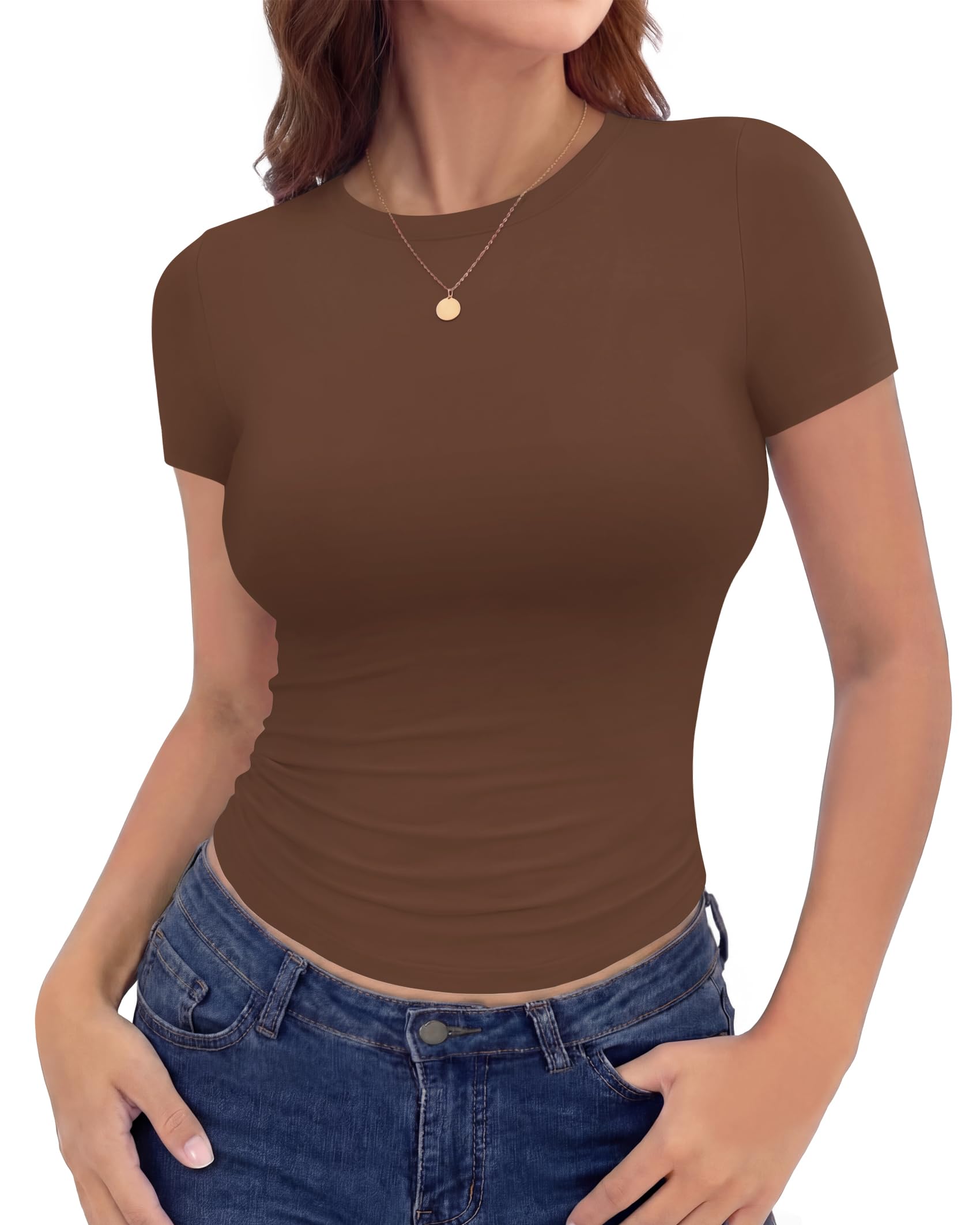 TNNZEET Tshirt Damen Basic Rundhals Eng Y2K Tops T Shirt Damen Sommer Oberteile Stretch Casual Mode Outfit