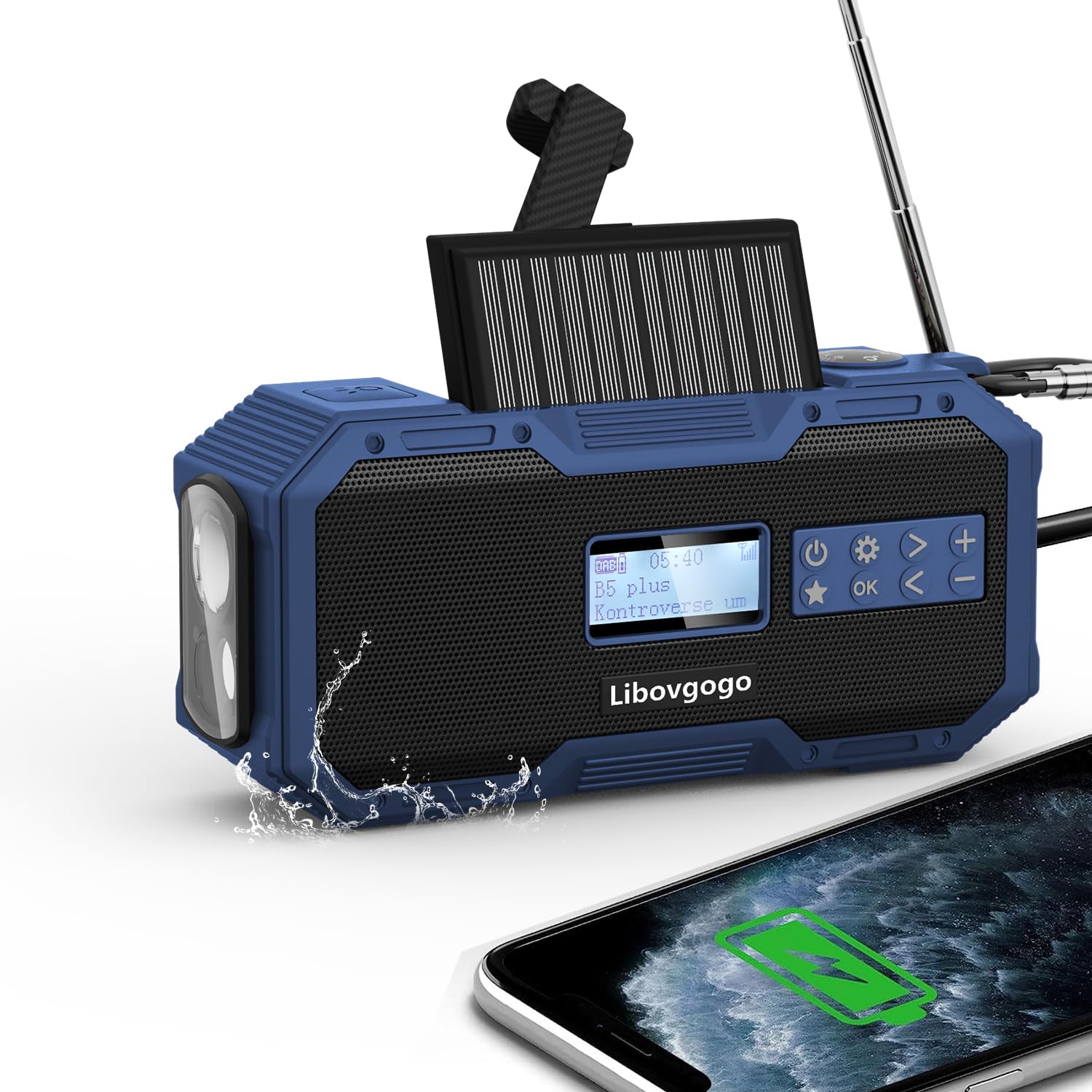 Libovgogo DF-587D Radio portátil DAB+ FM con altavoz Bluetooth impermeable, radio de manivela con función de carga de teléfono solar, batería externa de 5000 mAh, linterna, luz estroboscópica, SOS