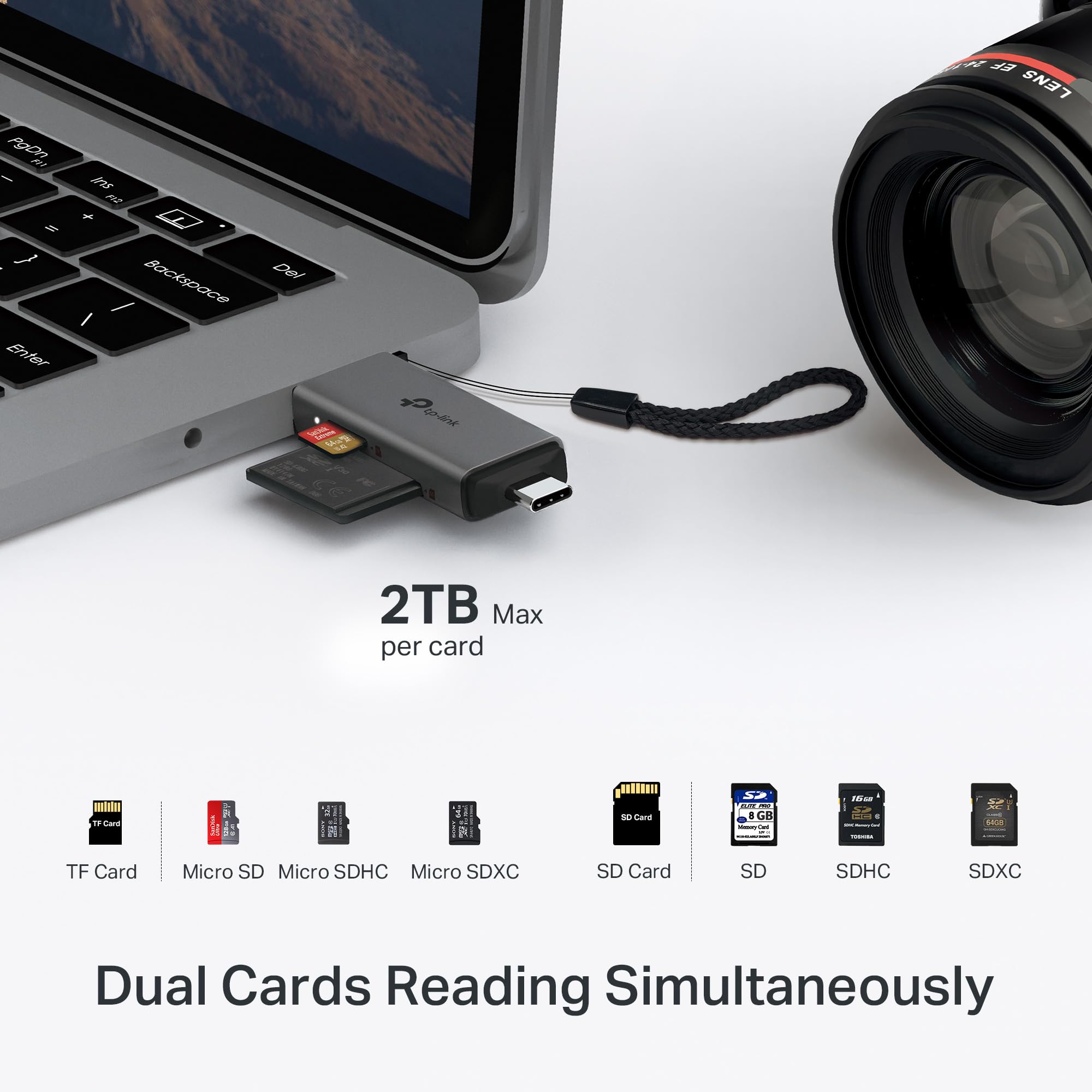 TP-Link Czytnik kart SD, czytnik kart pamięci USB 3.0 typu C i A, 2 w 1, do kart pamięci SD/Micro SD/SDHC/SDXC, szybki transfer danych, Plug & Play z systemami Windows, macOS, iPadOS, Android i Chrome