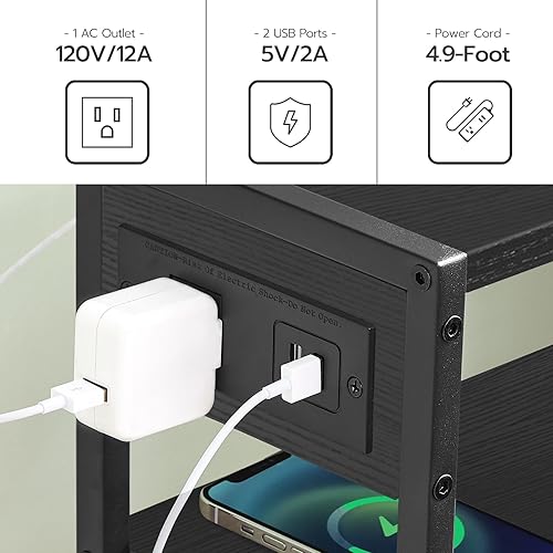 Miniatura 5 de HOOBRO Mesa auxiliar pequeña y estrecha con estación de carga, mesa auxiliar delgada para espacios pequeños, mesita de noche delgada con salida de