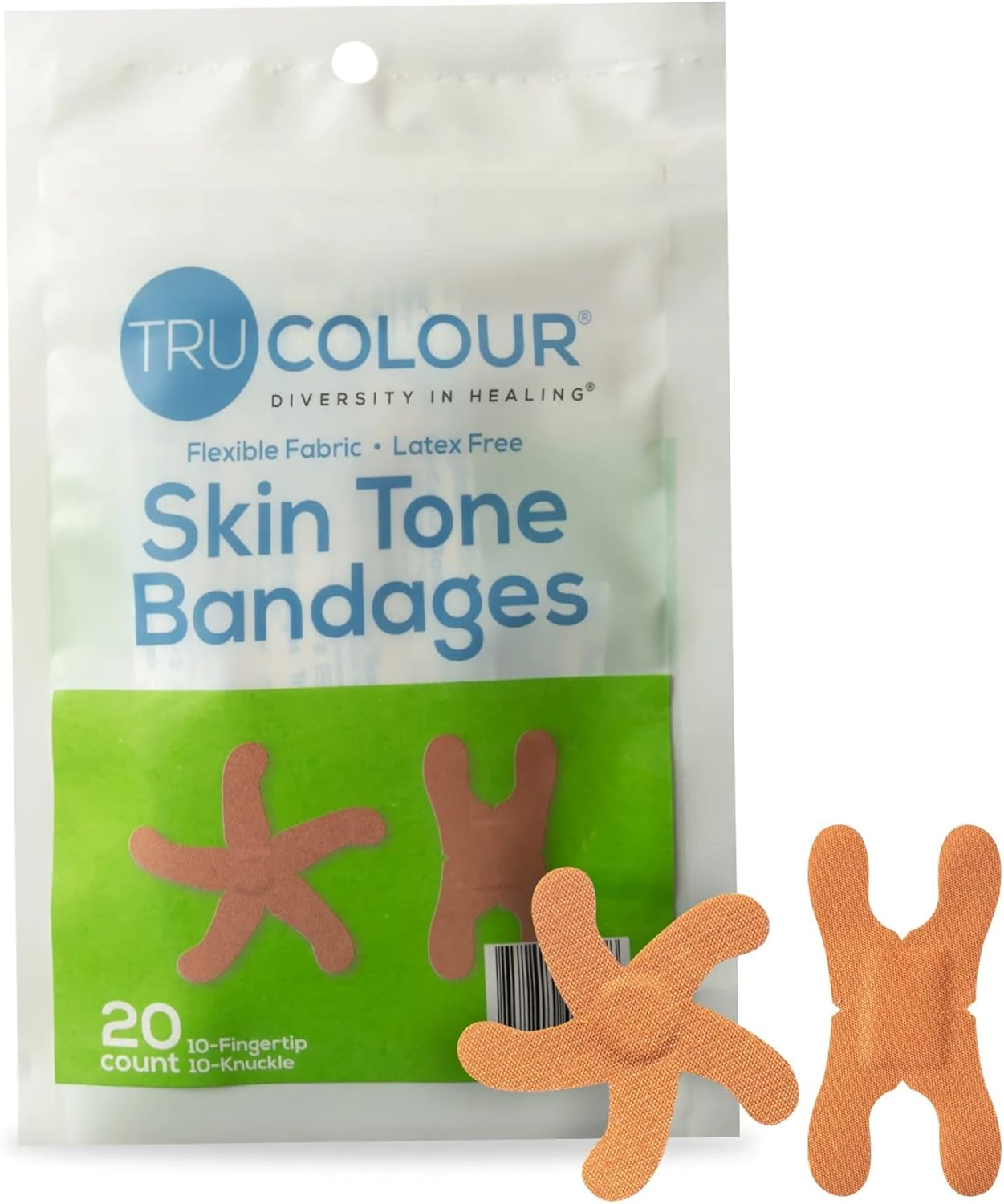 Tru-Colour Skin Tone Knuckle and Fingertip Bandages (20 Count) - Flexible, Waterproof, PFAS-Free Adhesive Strips Help Protect Cuts, Scrapes, Scratches - Brown