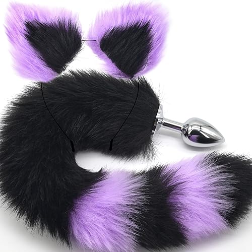 MEBAULT Anal Plug Fox Tail with Ear for Cosplay Game Black & Purple 15.74-Inch-Long Sexual Anus Tail Butt Plug Sex Toy for Women Men - Black + Purple