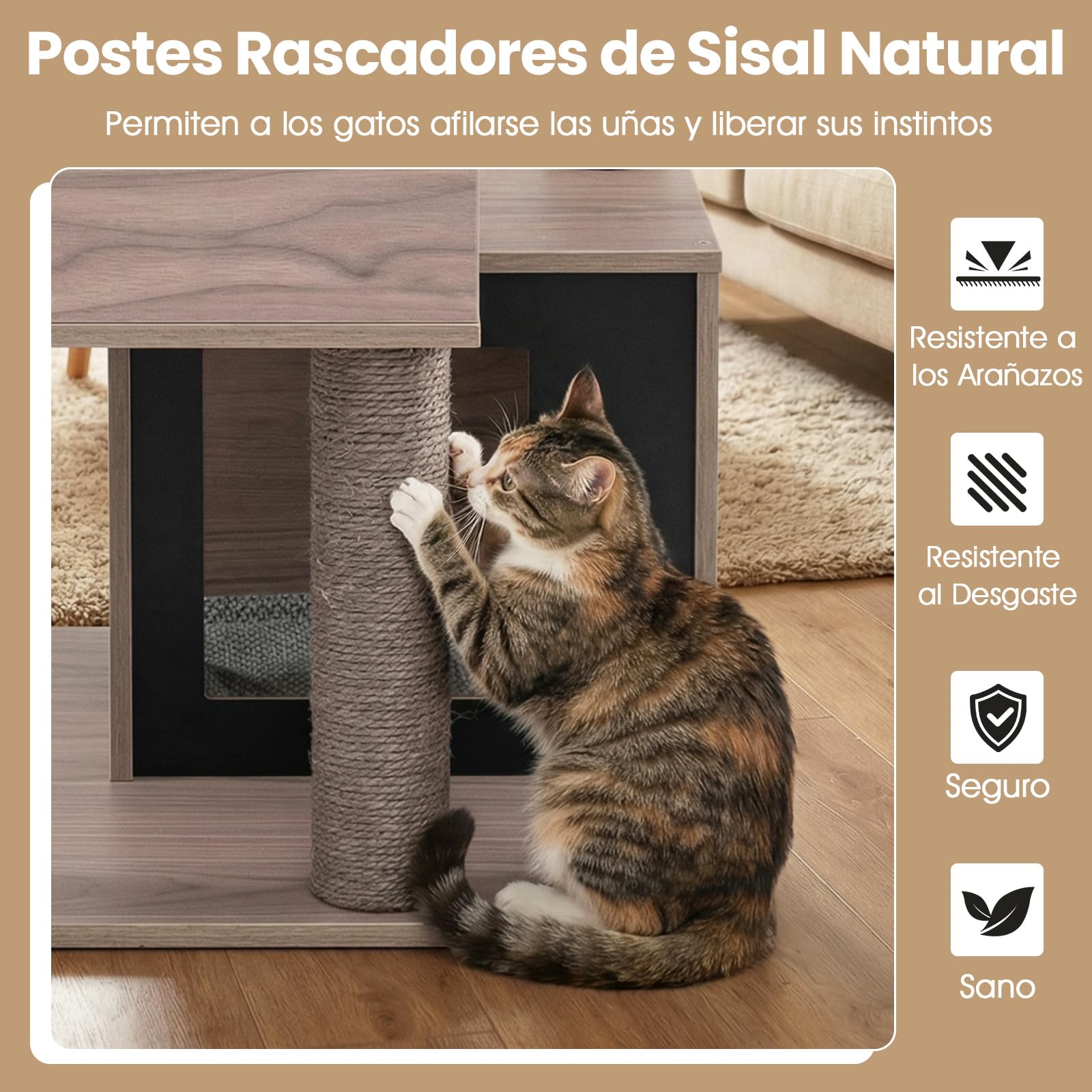 COSTWAY Mueble Rascador para Gatos, 93 cm Torre de Gatitos de Madera Multinivel con Poste Rascador de Sisal, Condominios, Percha, Cojines y Alfombrilla Extraíbles, Árbol Rascador para Gatos
