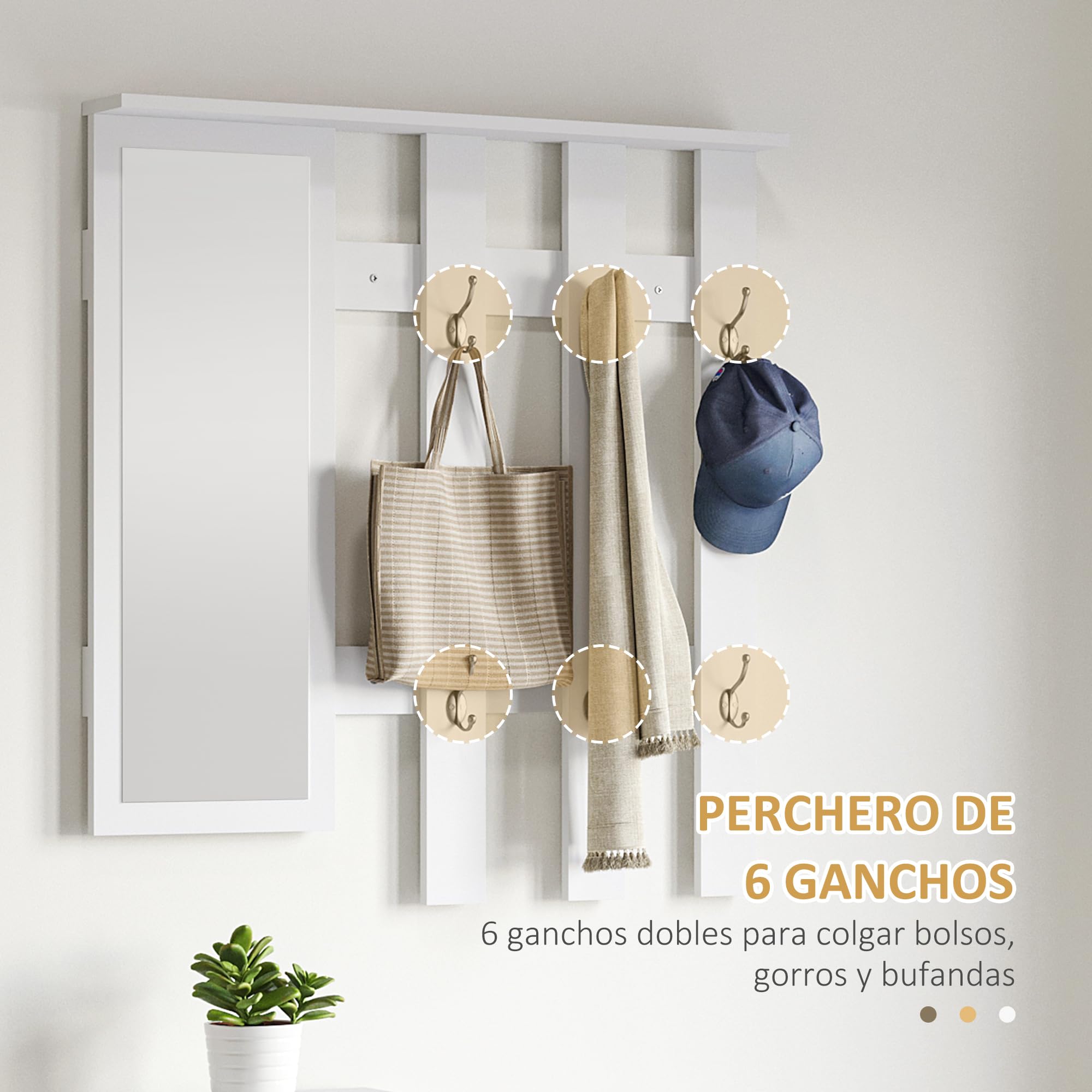 HOMCOM Conjunto de Recibidor de Entrada con Espejo Perchero y Zapatero Muebles de Entrada con 6 Ganchos y Estantes para 8 Pares de Zapatos para Pasillo Blanco Brillante