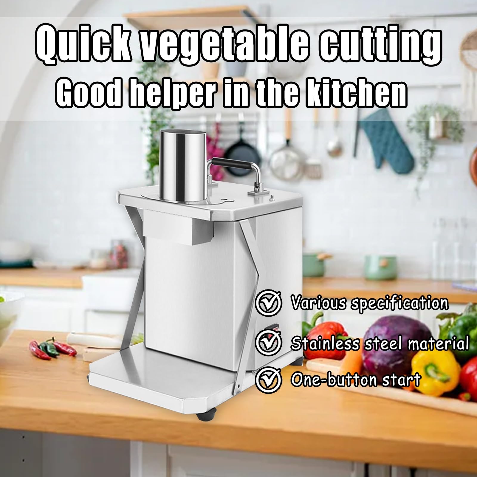 Cortadora de verduras de acero inoxidable con diseño desmontable, gran puerto de alimentación, 4 cuchillas reemplazables para corte rápido, ideal para zanahorias, papas, cebollas
