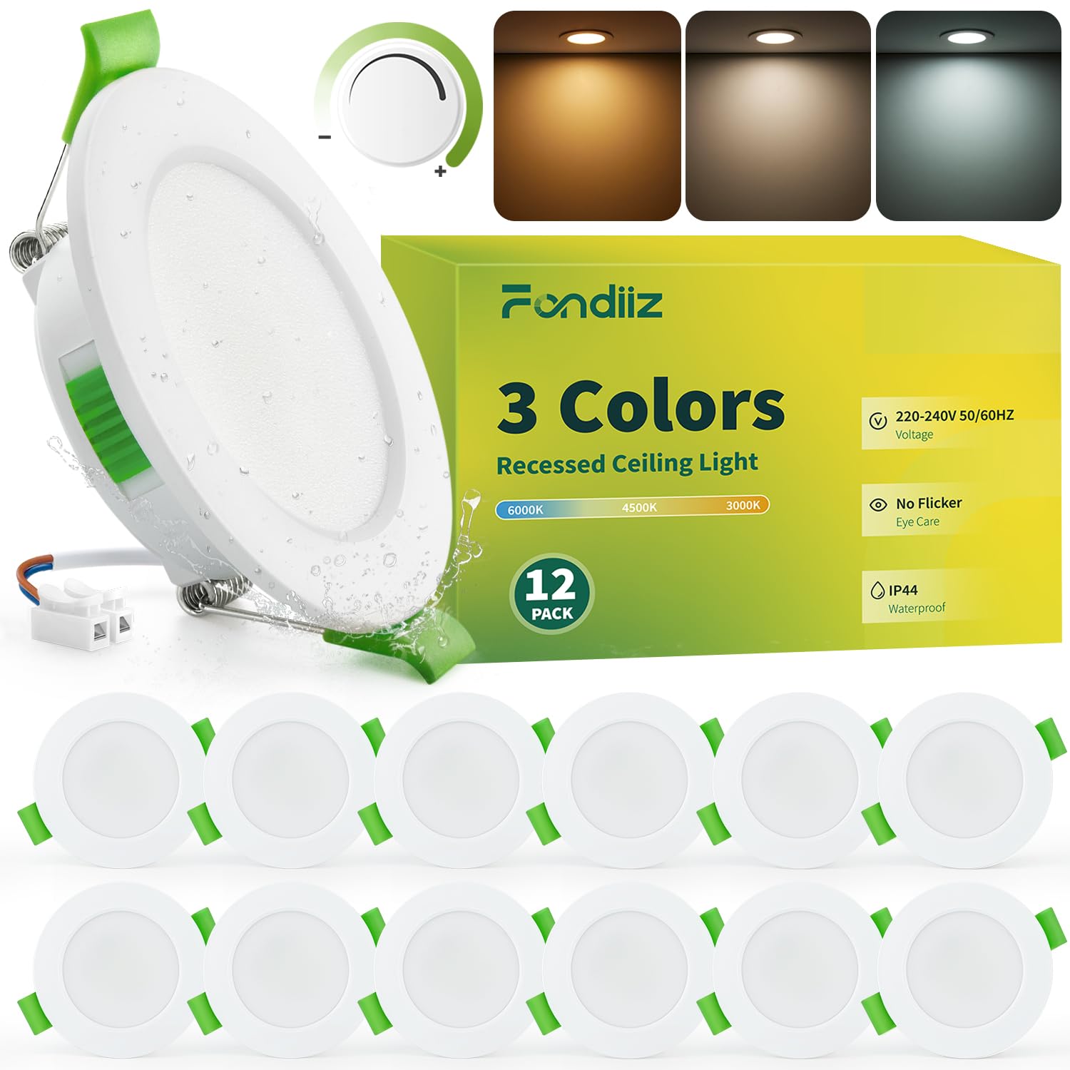 Fondiiz LED Spots Dimmbar 55mm - 68mm Lochmaß, 3.5W 340LM LED Einbaustrahler 230V Warmweiß 3000K Neutralweiß 4500K Kaltweiß 6000K, IP44 spots deckenleuchte Ultra Flach Für Badezimmer Küche, 12er Set