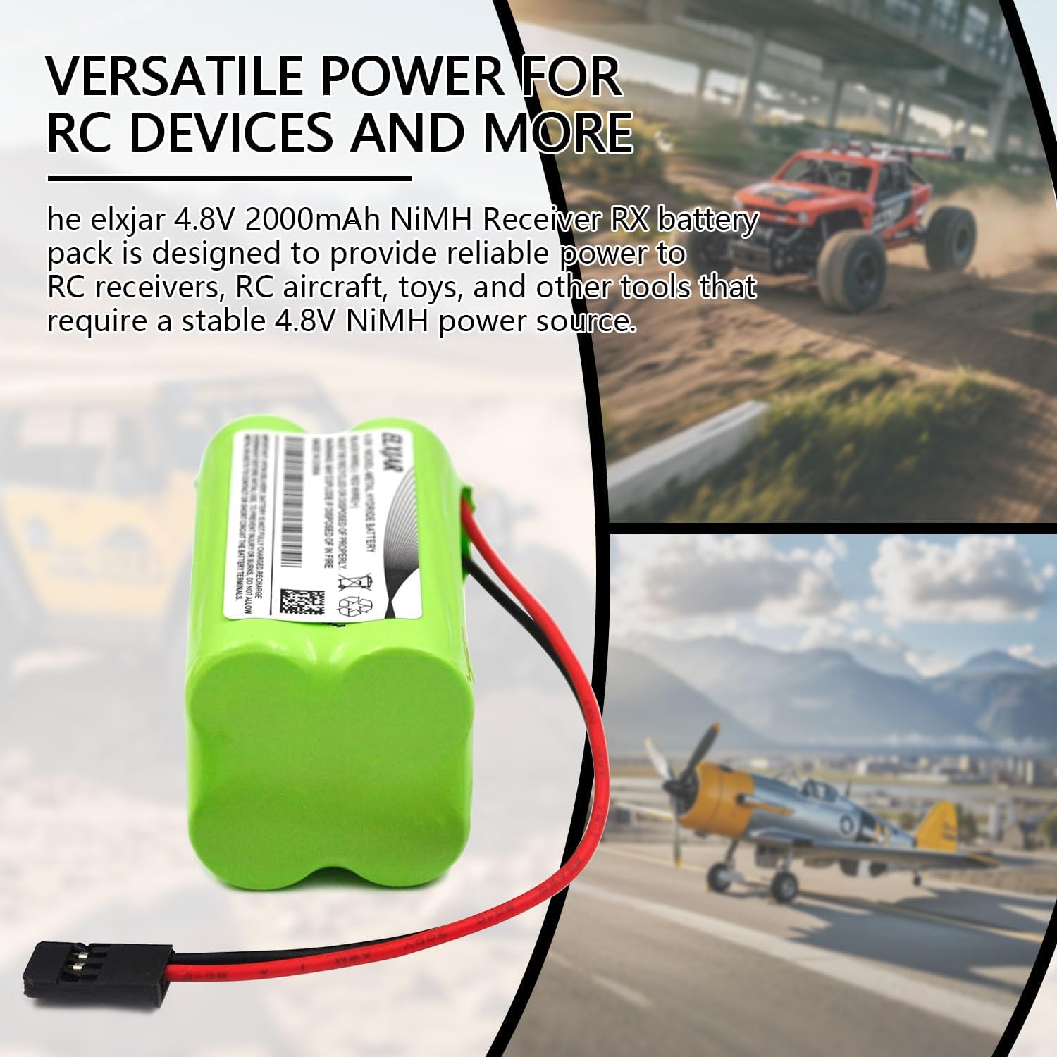 (2-Pack) 4.8V 2000mAh AA NiMH Receiver RX Battery with Hitec and JR Connectors, 2X2 Square Rechargeable Battery Pack for RC Receivers, RC Aircrafts, Toys, and Tools