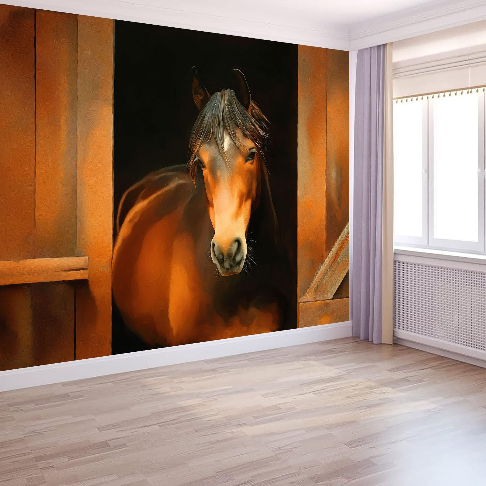 Malowidła ścienne Zwierzęta konie z drewnianymi drzwiami Sztuka ścienna Vintage Obraz olejny Fototapeta do salonu, sypialni, papier 250 x 175 cm Fotografia Gobelin Efekt 3D