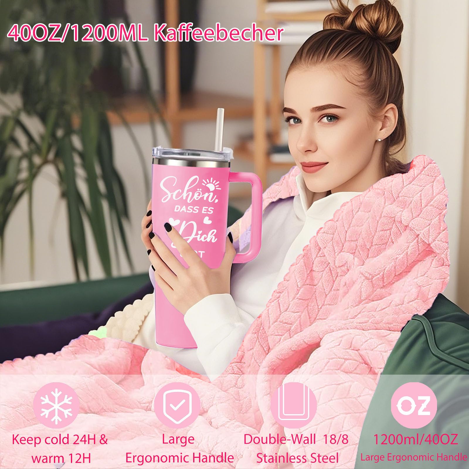 Geschenke für Frauen - Geschenke Set für Beste Freundin | Kuscheldeck Geschenke für Freundin Oma Schwester Ehefrau mit 40 OZ Edeltahl Weinbecher als Geburtstagsgeschenk