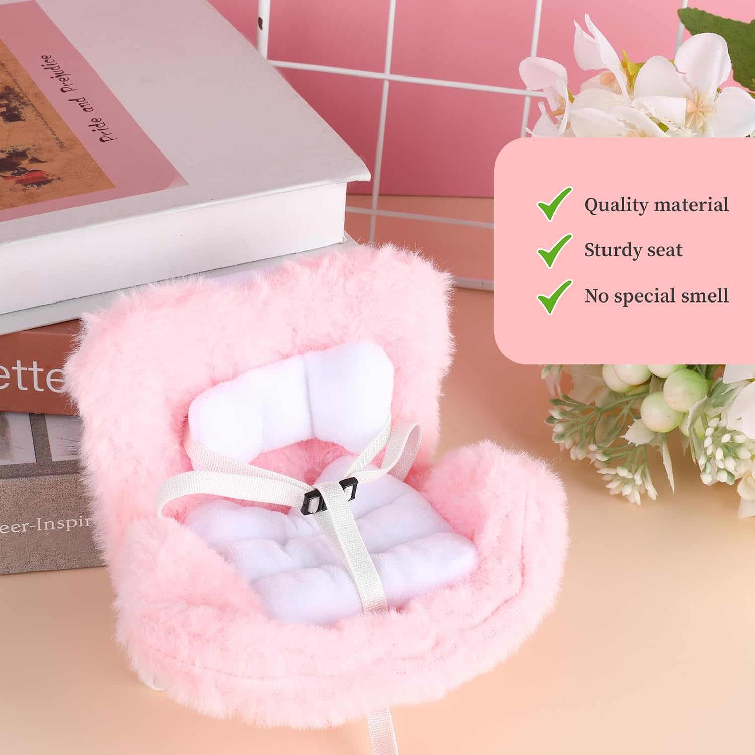 Car Seat for Dolls with Clip onto Car Air Vent, Doll Car Seat with Soft Furrycushion, Safety Automotive Ornaments Accessories for Display (Pink Without Leg)