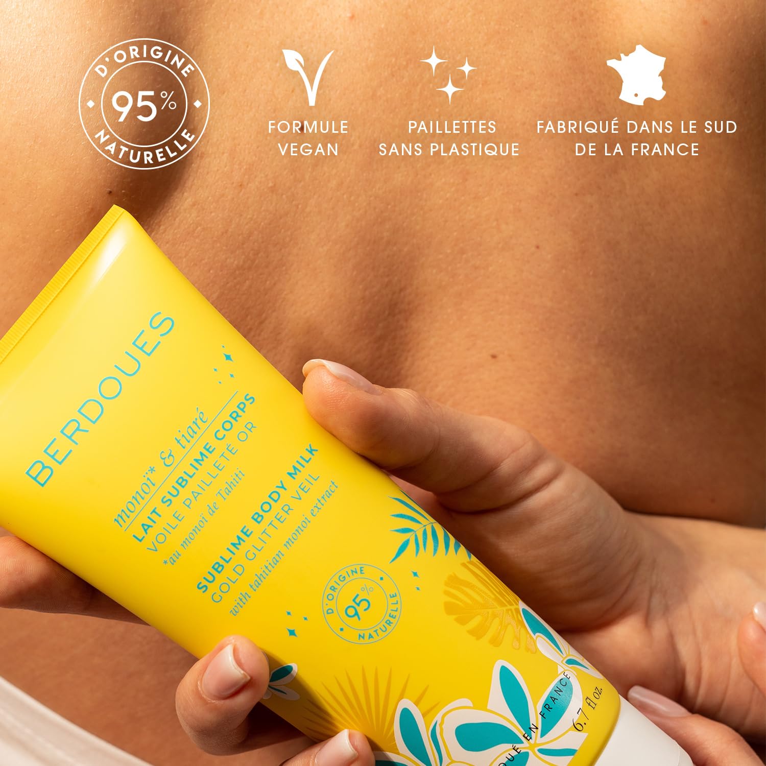 BERDOUES - Brume parfumée protectrice cheveux 100 ml + Lait corps pailleté 200 ml. Parfum Monoï Tiaré. Parfum femme, 95% d'origine naturelle. Vegan, Made in France.