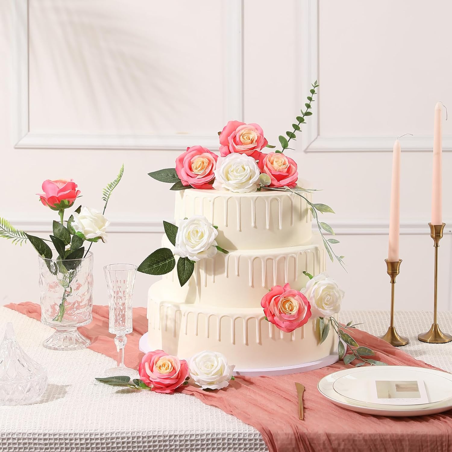 Tifuly Pink Roses Artificial Flowers -12 pcs Realistic Single Long Stem Fake Silk Roses Bouquet for Party Home Wedding Centerpiece Office DIY Decor - Image 4