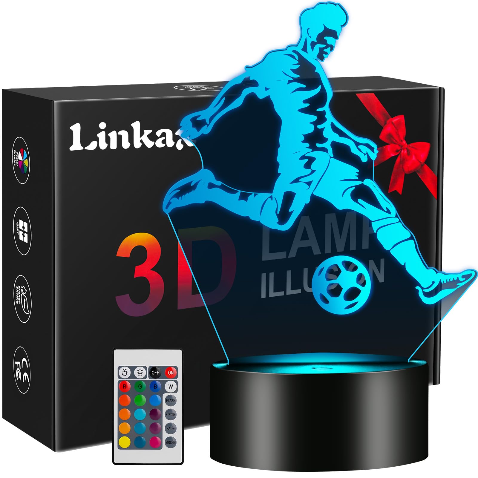 Lampada a illusione ottica a tema calcio per bambini e ragazzi, 16 colori modulabili, luce notturna 3D, decorazione per la cameretta dei bambini, regalo di compleanno per gli appassionati di calcio