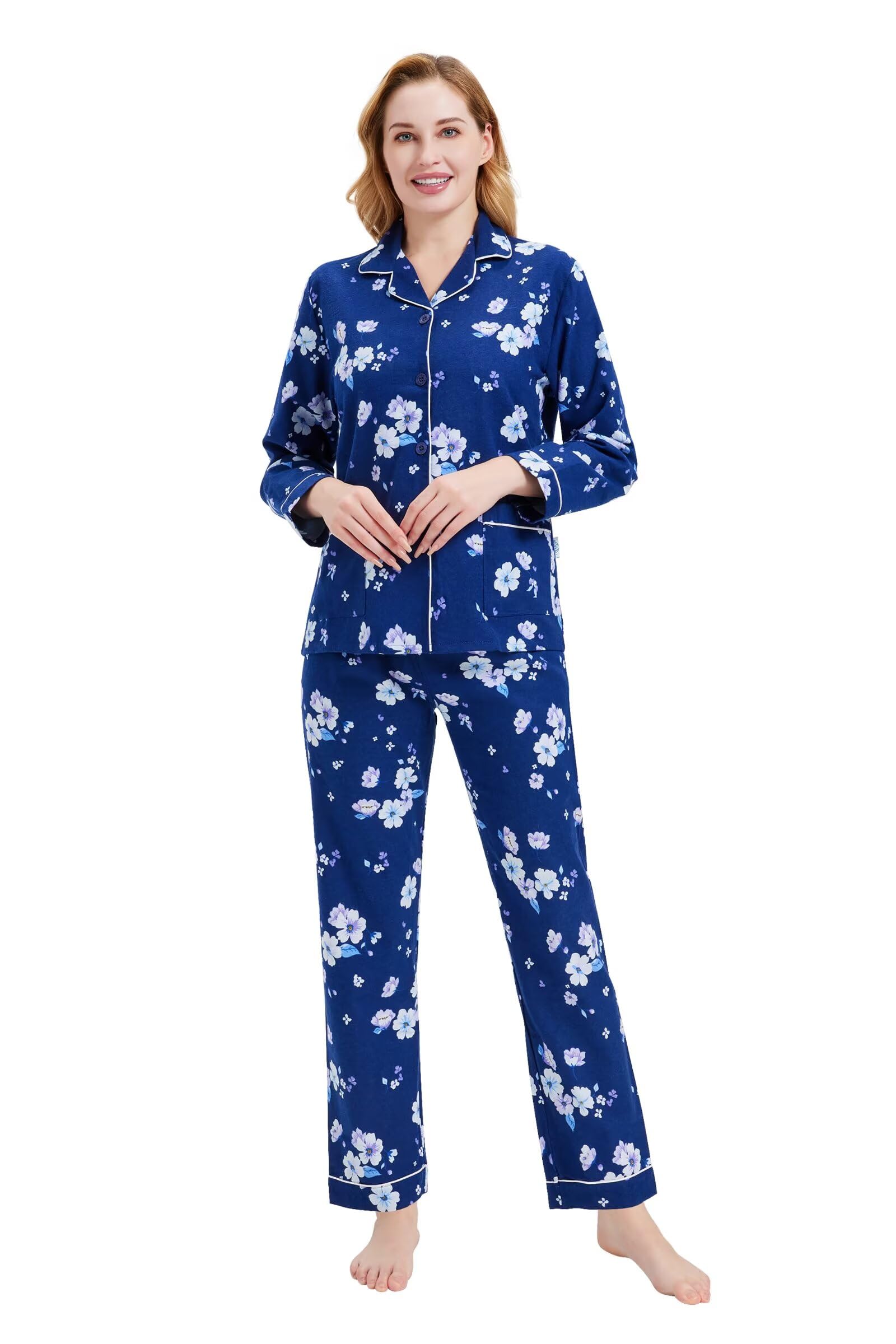 GLOBAL Women's Flannel Pajamas Set 100% Cotton PJs for Women Long Sleeve Button Drawstring Waist Warm Loungewear Sleepwear
