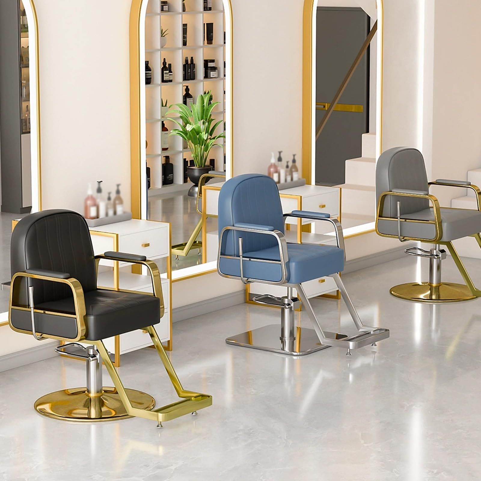 Sillas de barbero, Silla ergonómica para barbería - Silla de salón Ajustable de Cuero sintético con rotación de 360° y Base Dorada de Acero Inoxidable - Mobiliario Ideal para Salones de Bell
