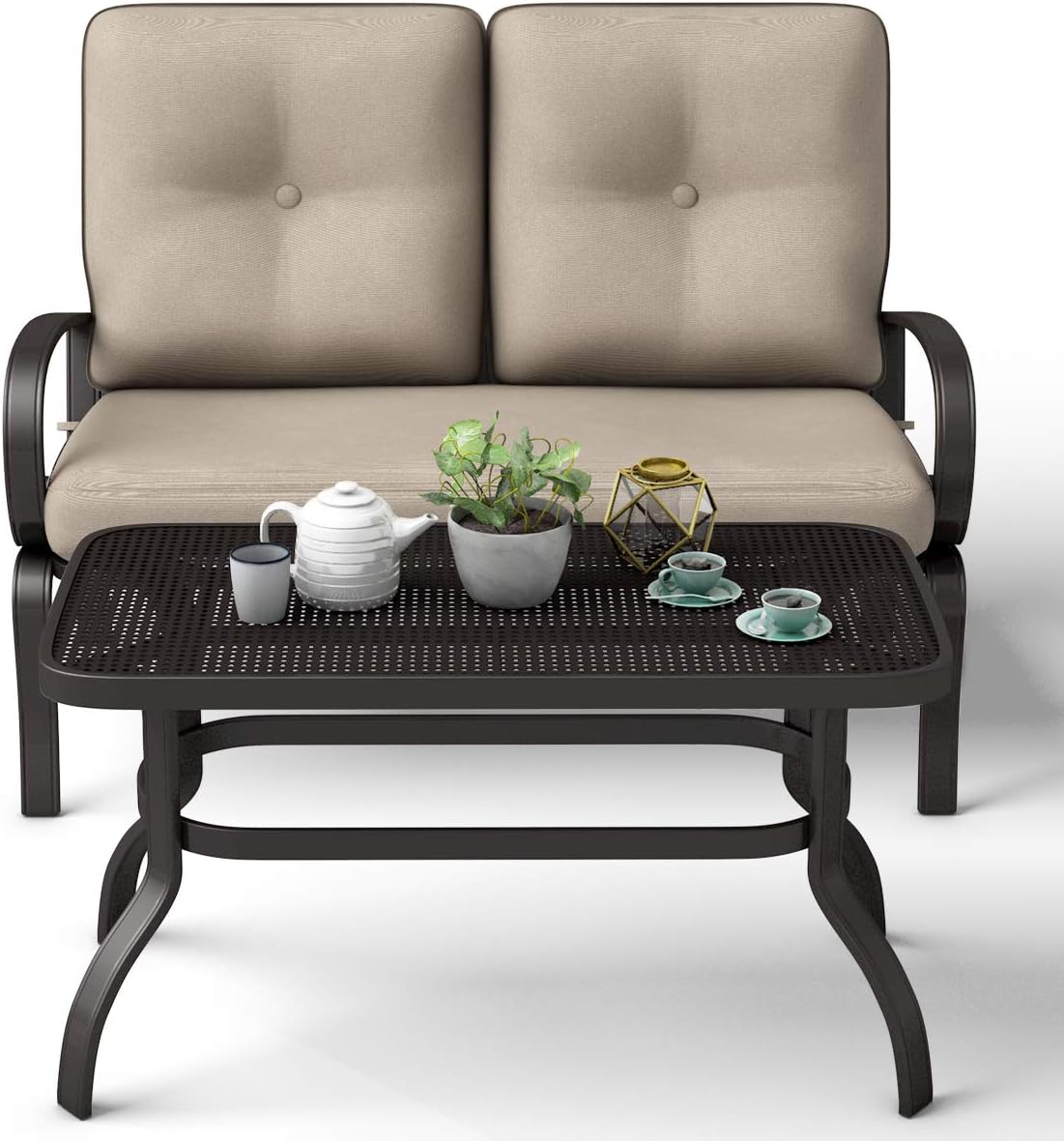Casart Modern Loveseat and Coffee Table Set, 2 Pcs Loveseat Furniture Set with Cushion and Metal Frame, Perfect for Patio, Garden and More