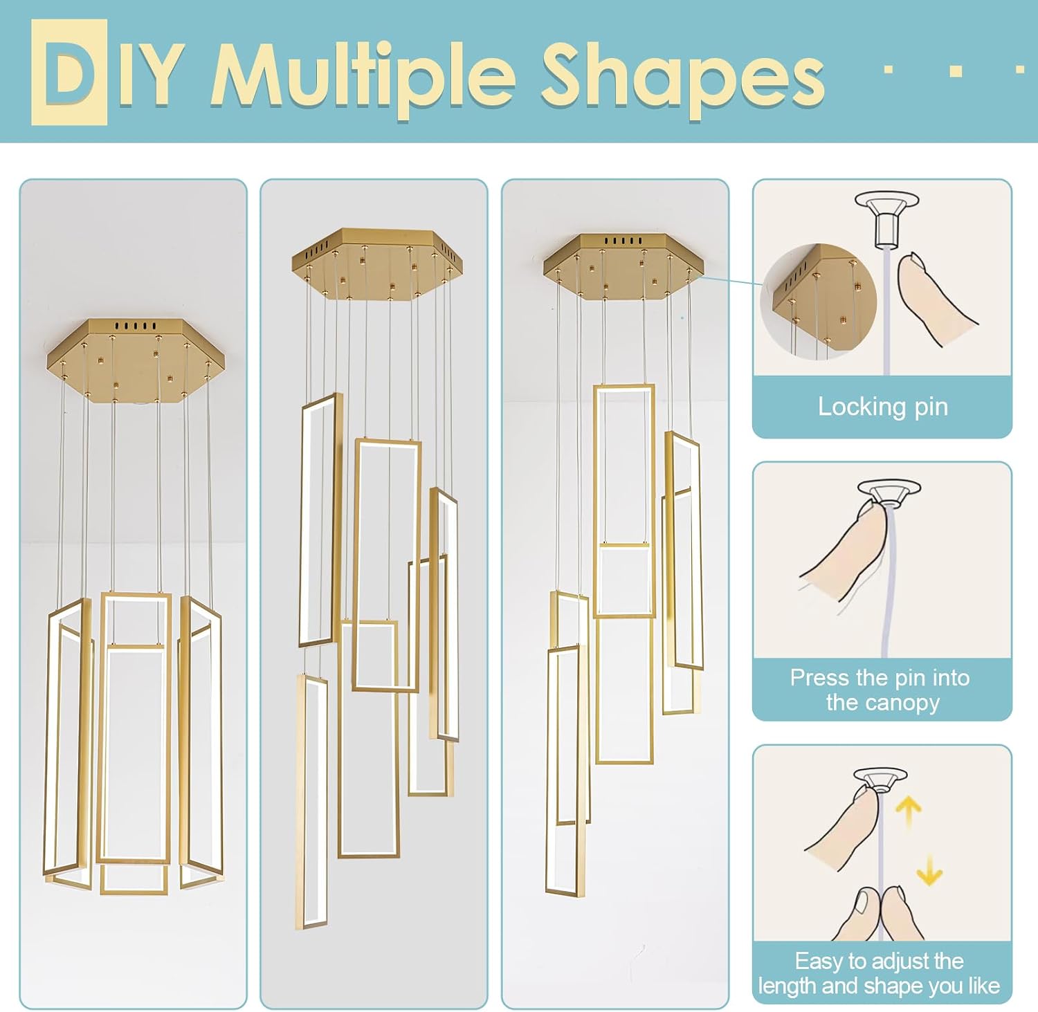 CHYING Gold Modern LED Staircase Chandelier, 6 Rectangle 96W Dimmable Long Chandelier for High Ceilings, Hanging Adjustable Pendant Light for Foyer Entryway Living Room