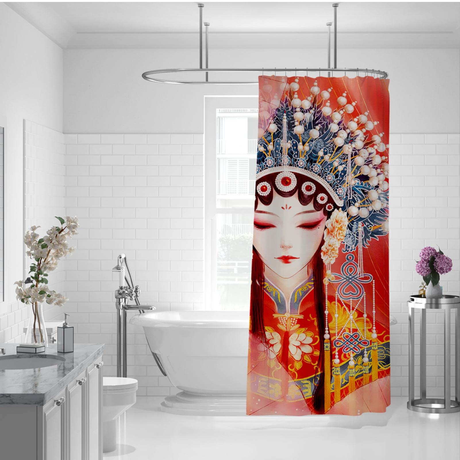 Chińska tradycyjna zasłona prysznicowa Beijing Opera Woman Zestaw zasłon prysznicowych z wanną haczykową Separacja sucha i mokra wodoodporna 180Wx200Lcm