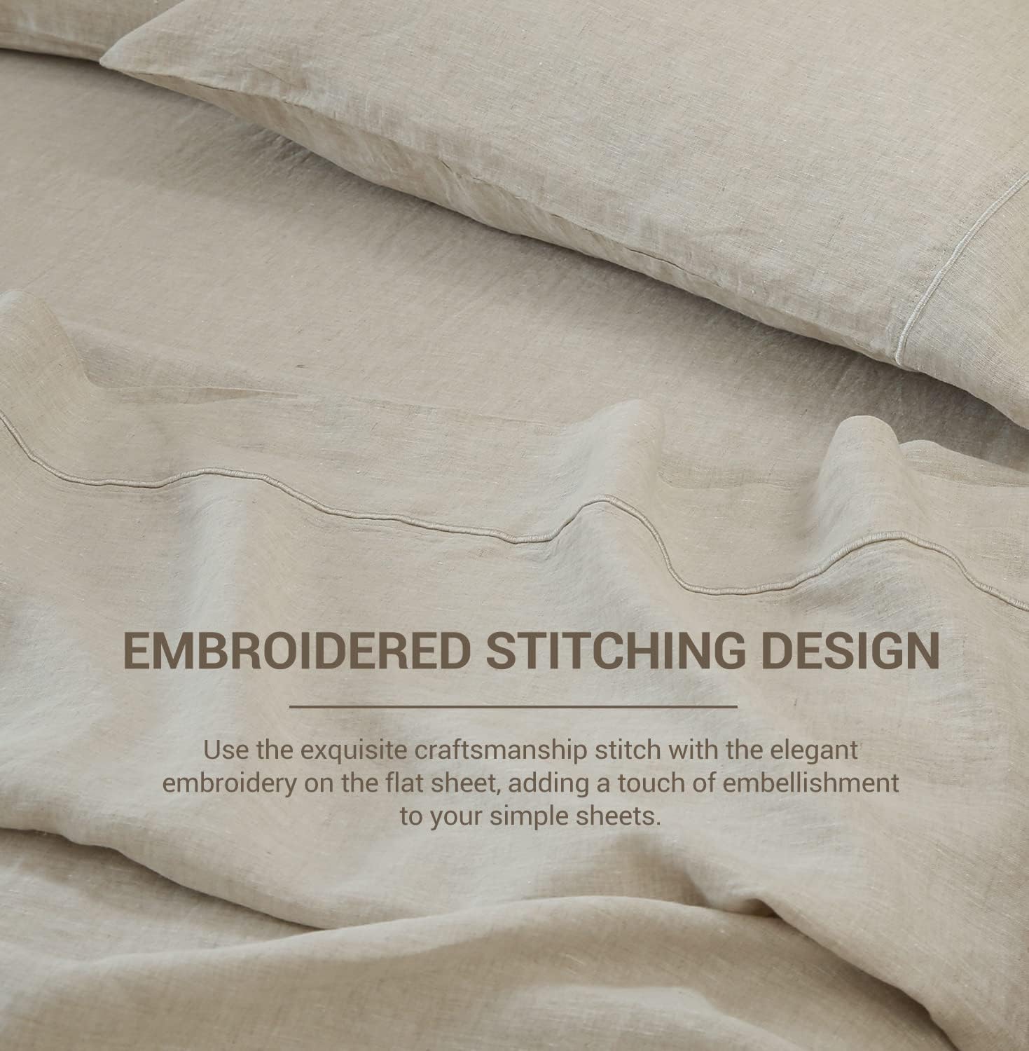 Simple&Opulence 100% Linen Sheet French Flax Flat Sheet with Embroidery Stone Washed Solid Color Soft Breathable Farmhouse Top Sheet - 1 Piece Bed Flat Sheet Only (King, Linen)