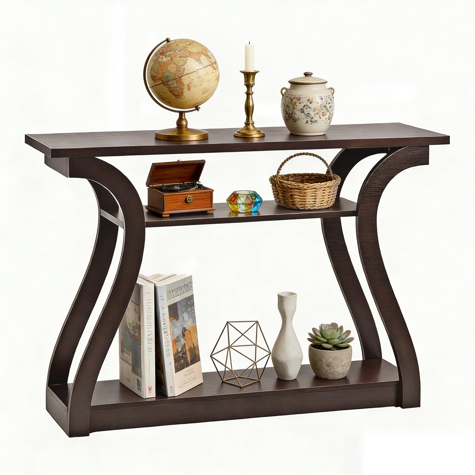 SUPER DEAL Narrow Console Table, 3 Tier Entryway Table, Wood Sofa Table Decorative Hallway Table with Shelves, Curved Frame for Living Room Front Door Entrance, 47 in Espresso