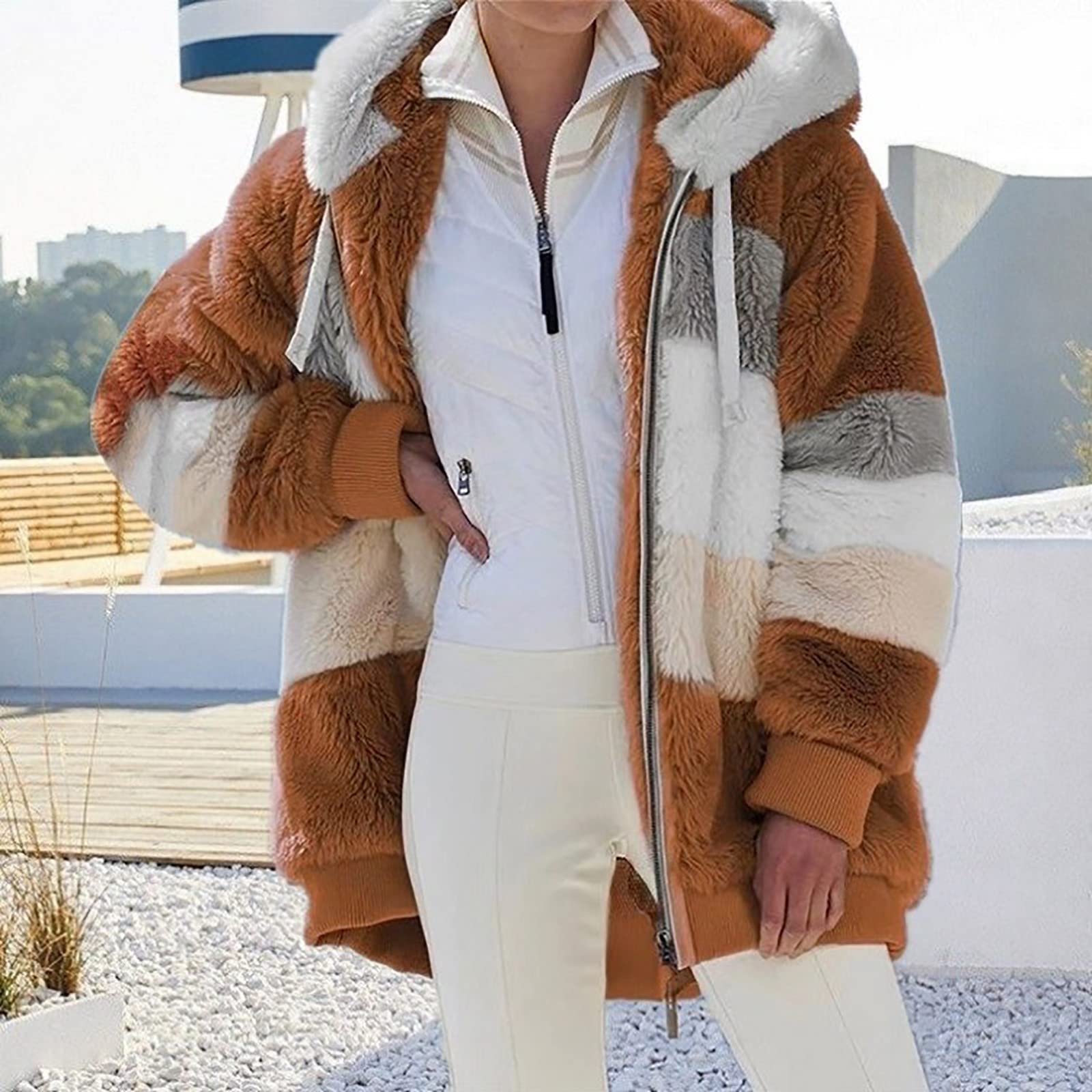 Chaqueta Mujer Invierno,Grueso y Cálido Abrigo Mujer Invierno con Capucha Moda Block Color Reversible Chaqueta Polar Mujer Sueltos Causal Caliente Cremallera Bolsillos Cazadora Forro Polar Mujer 2024