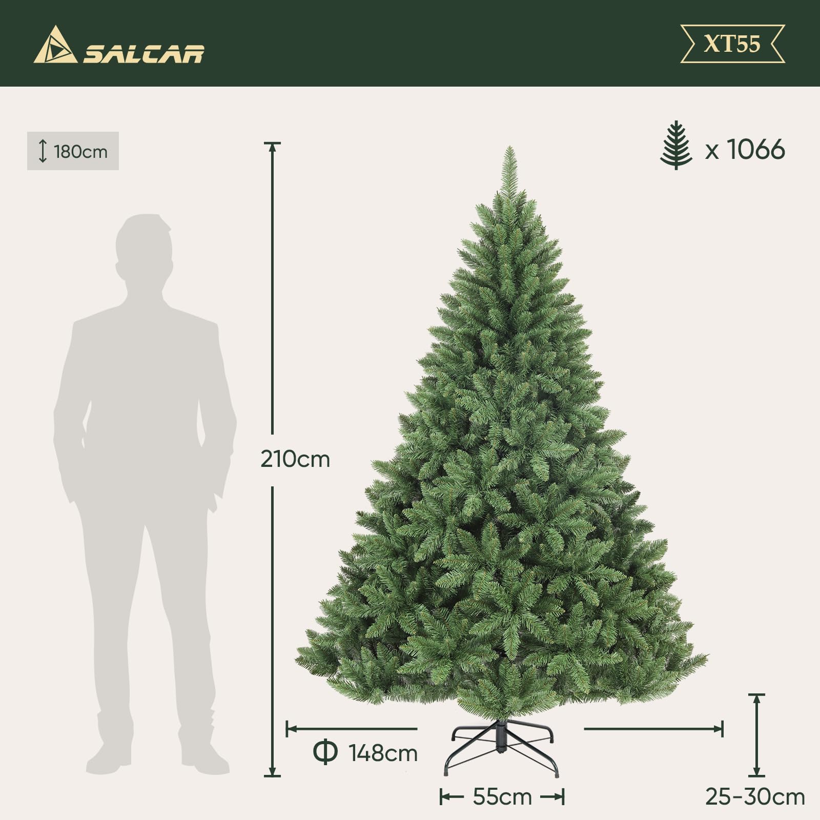 SALCAR Árbol de Navidad Artificial de 210 cm, de Aspecto Natural, con 1066 Ramas, Abeto de Normandía Verde con Sistema Plegable y un diámetro Extragrande del árbol de 148 cm