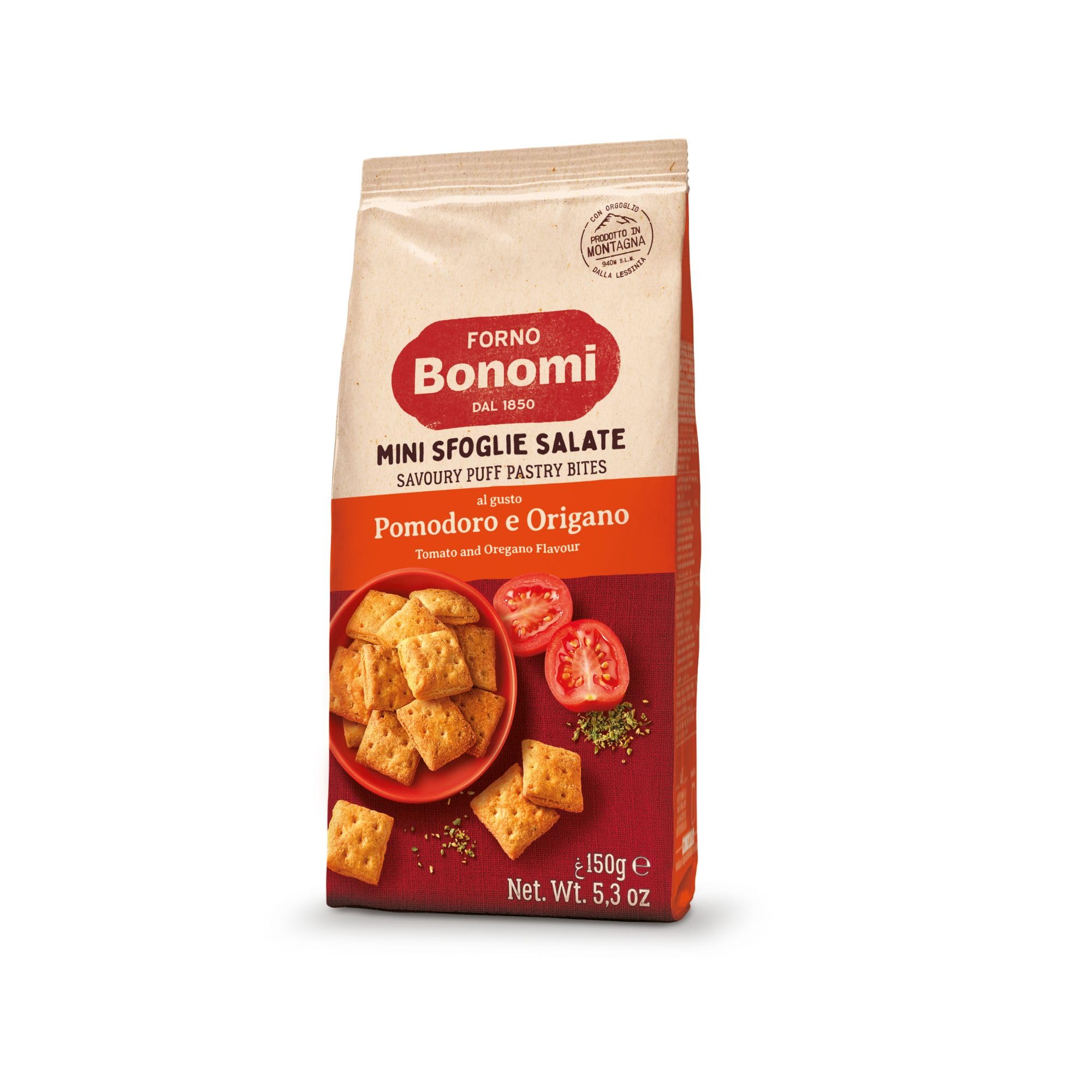 Forno Bonomi, Mini Sfoglie Pomodoro e Origano. Snack pronti da gustare per una pausa o per un aperitivo sfizioso con gli amici. Confezione da 150 grammi.