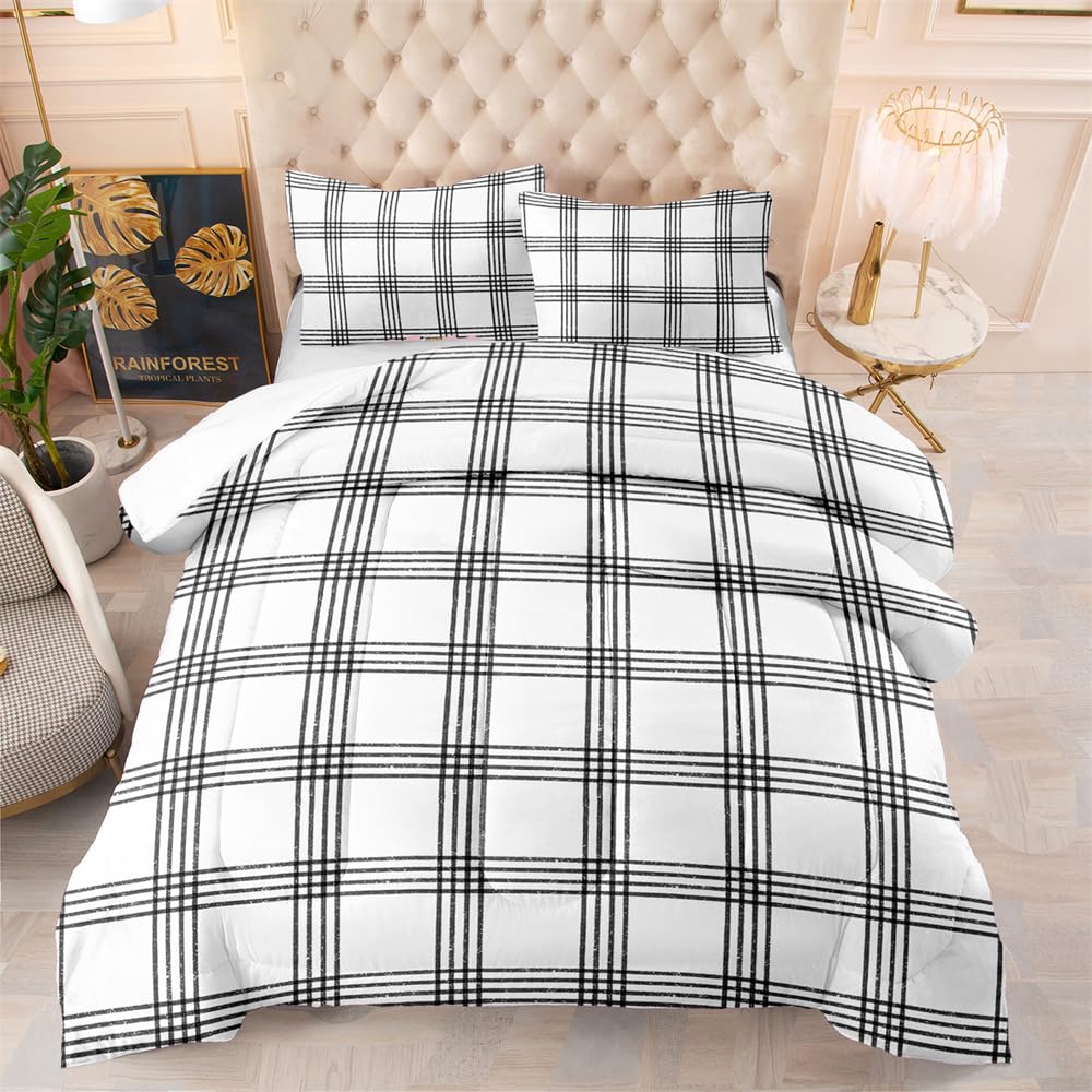 Funda Nórdica Microfibra Cuadros Blancos Y Negros - 135x200 Cm + 1 Funda De Almohada 50x75 Cm, Suave, Transpirable, Con Cremallera Y Lazos De Esquina