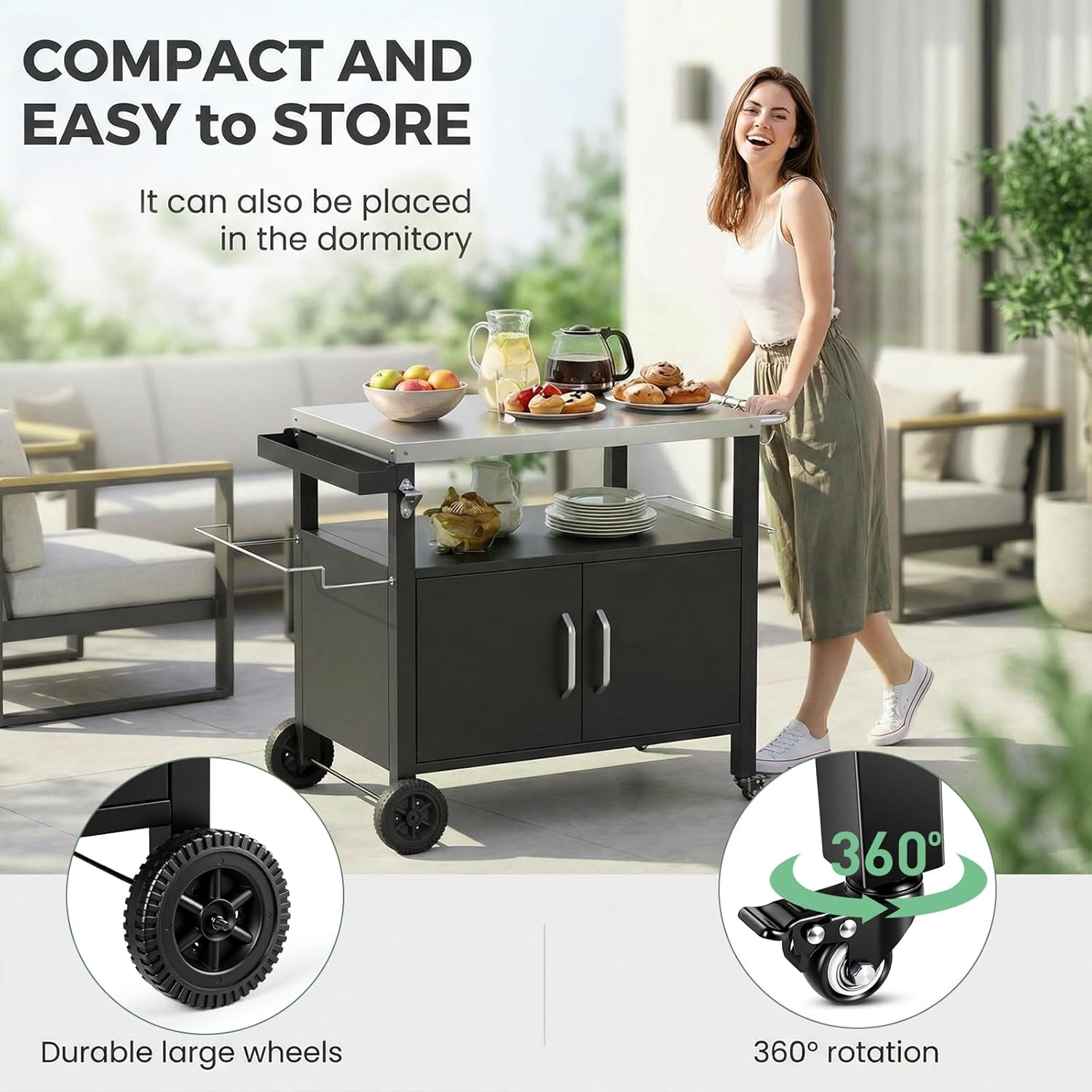 LIFERUN Outdoor Grill Cart with Storage Cabinet, XL Outdoor Kitchen Island with Stainless Steel Top, Outdoor Grill Station with 2 Lockable Wheels and 4 Hooks for BBQ Food Prep & Outside Dining
