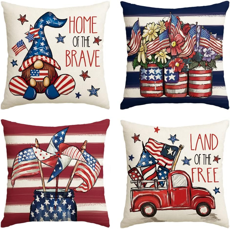 AVOIN colorlife 4th of July Patriotic Stripes Throw Pillow Covers, 18 x 18 Inch Independence Memorial Day USA Flag Gnome Vases Truck Decorations for Sofa Couch Set of 4
