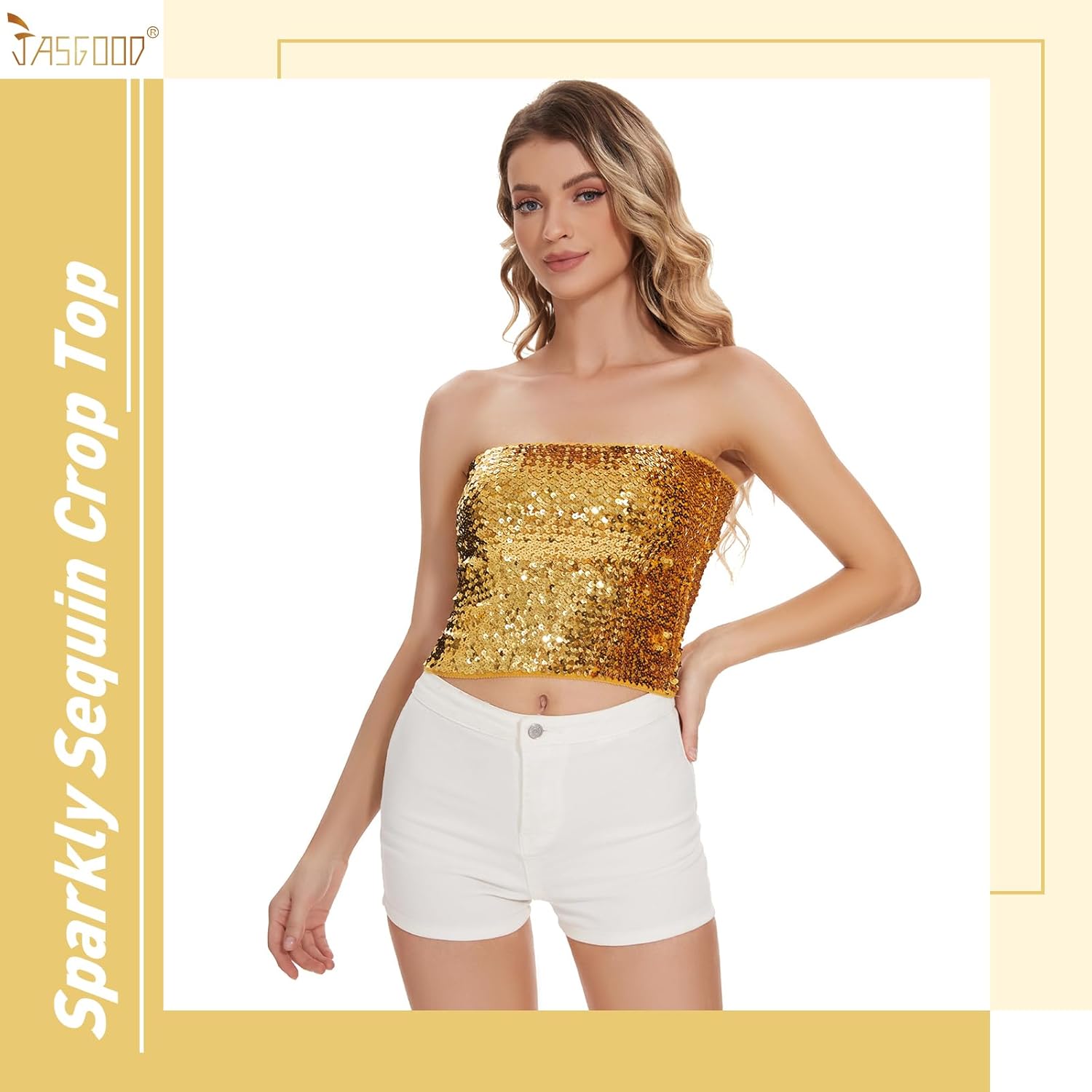 JASGOOD Sparkly Sequin Crop Tops for Women Metallic Tube Tops Strapless Glitter Mermaid Corset Top for Party Club - Image 2