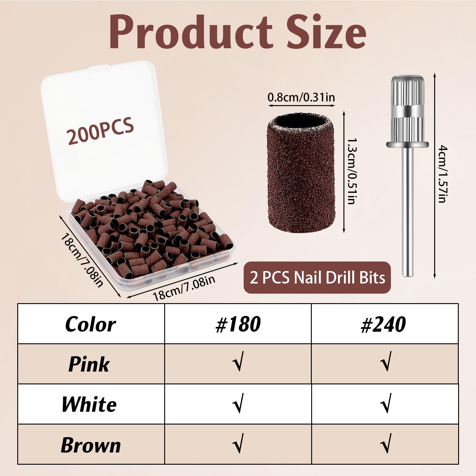 BEVTEE Lot de 200 bandes abrasives pour perceuse à ongles, grain 240, avec 2 forets à ongles de 1,9 cm, pour manucure et pédicure en acrylique, gel, marron, avec un organisateur dédié