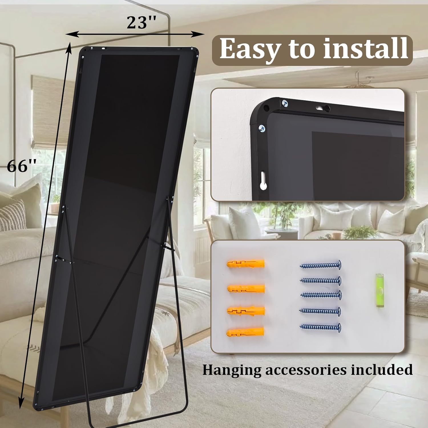 VooBang Round Corner Mirror Full Length, 66" x 23" Floor Mirror with Stand, Matte Aluminum Alloy Frame Full Body Mirror, Standing Hanging or Leaning for Bedroom and Living Room, Black - Image 8