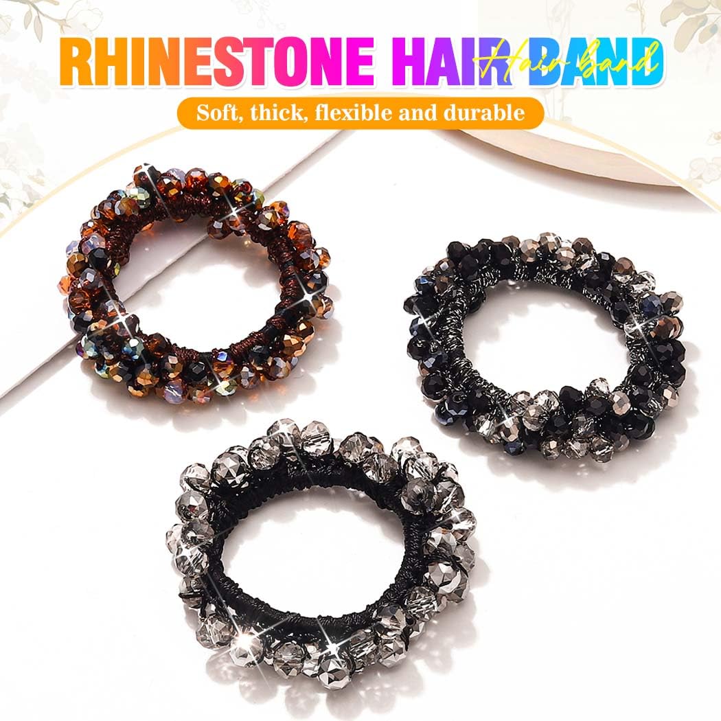Reaky Rhinestone Hair Tie Beaded Hair Scrunchies Fancy Ponytail Holders Hair Accessories for Women 3 Pcs, Black, 1 count (Pack of 3) - Image 2