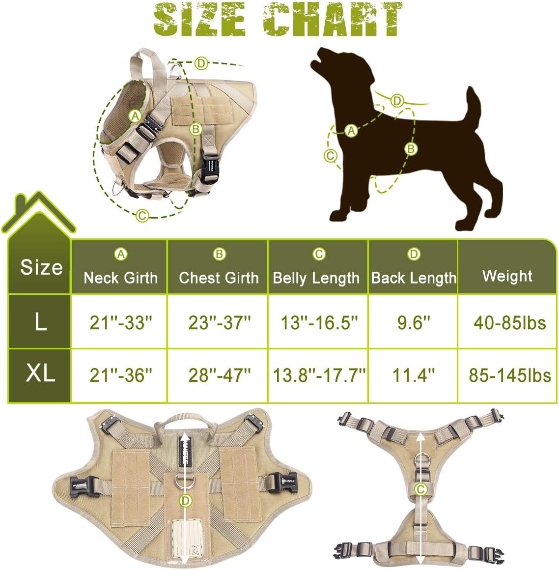 WINSEE Tactical Dog Harness and Collar with Backpack, Saddle Bag, Rucksack with 3X Metal Buckle, Working Pet MOLLE Vest with Handle & Loop Panel, No Pull Training Military Harness with Leash Clip