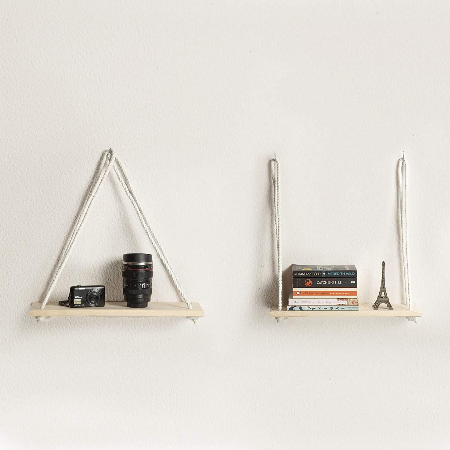 Kanojia Ent Wood Wall Hanging Shelf, Wood Floating Shelves, Hanging Swing Rope Shelves White Rope Hanging Shelves, Rustic Wall Decor Swing Shelf, Wall Display Shelves for Home/Office Decor (2)