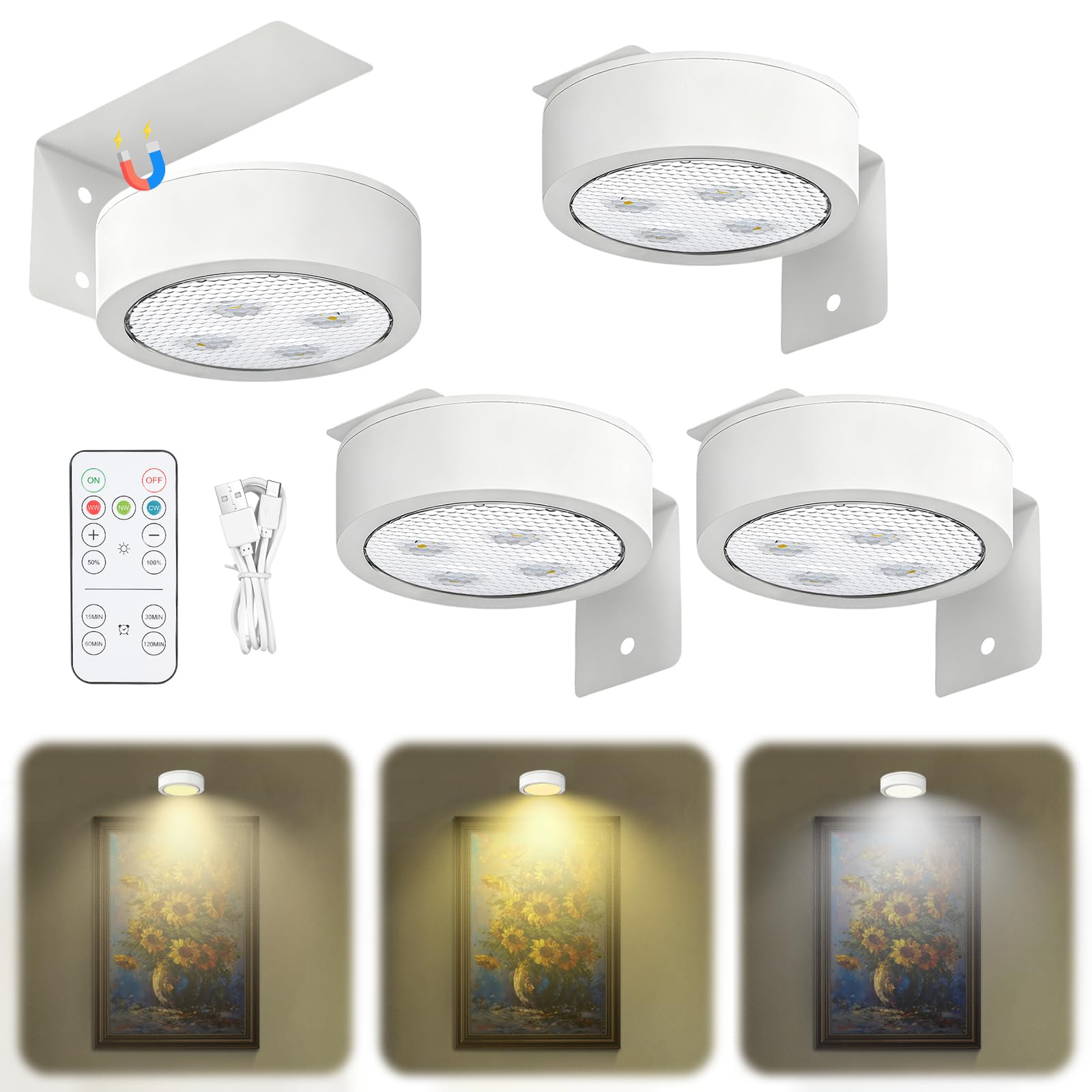 runpeak Bilderleuchte Kabellos, 3er Set Wiederaufladbare LED Wandleuchte mit Magnet & Fernbedienung, 3 Lichtmodi, Dart Beleuchtung, Dart Licht, für Bilder und Wanddekoration