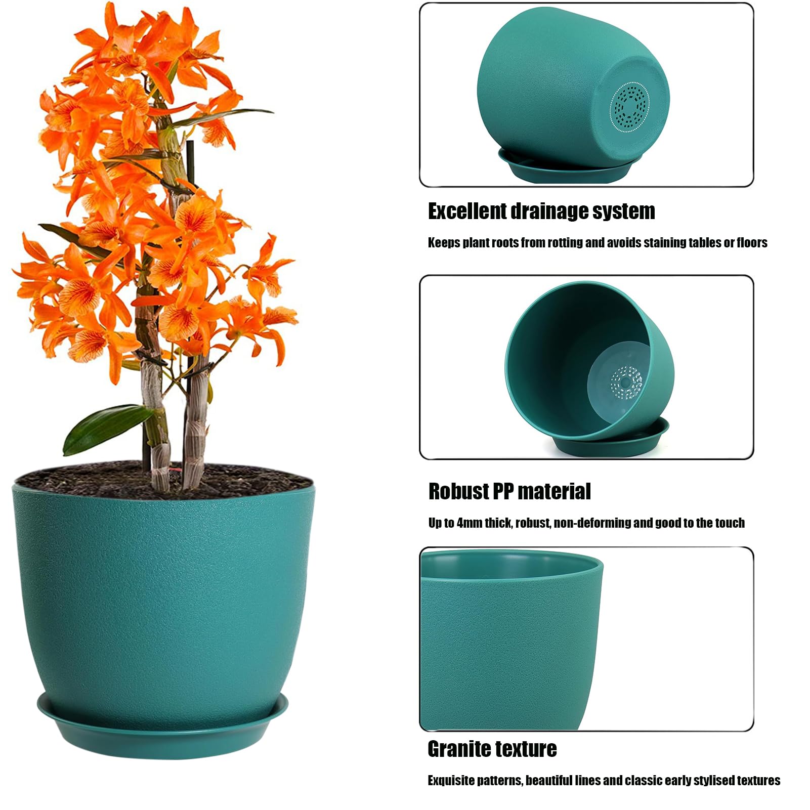 PROFIKLA 20cm, 18cm, 16cm Plastic Plant Pots, Plant Pots with Drainage Holes and Saucers, A Set of 3 Flower Pots - Image 3