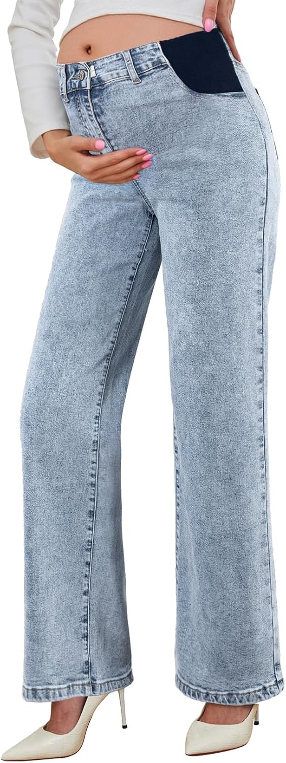 BLENCOT Maternity Jeans for Women High Waist Straight Leg Pregnancy Denim Pants with Pockets