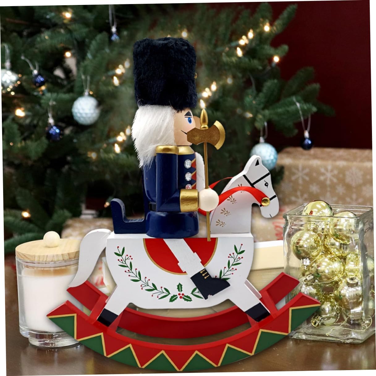 Christmas Nutcracker Puppet Rocking Wooden Horse Nutcracker Soldier Figurine Tabletop Decoration for Holiday and Christmas Party Home Display