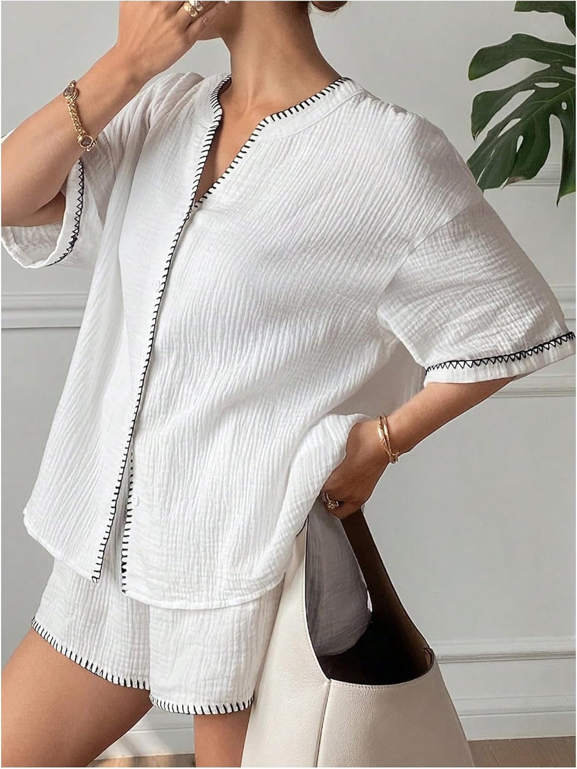 MakeMeChic Women's 2 Piece Summer Outfits Contrast Binding Short Sleeve Notched Blouse and Mini Shorts Set - Image 2