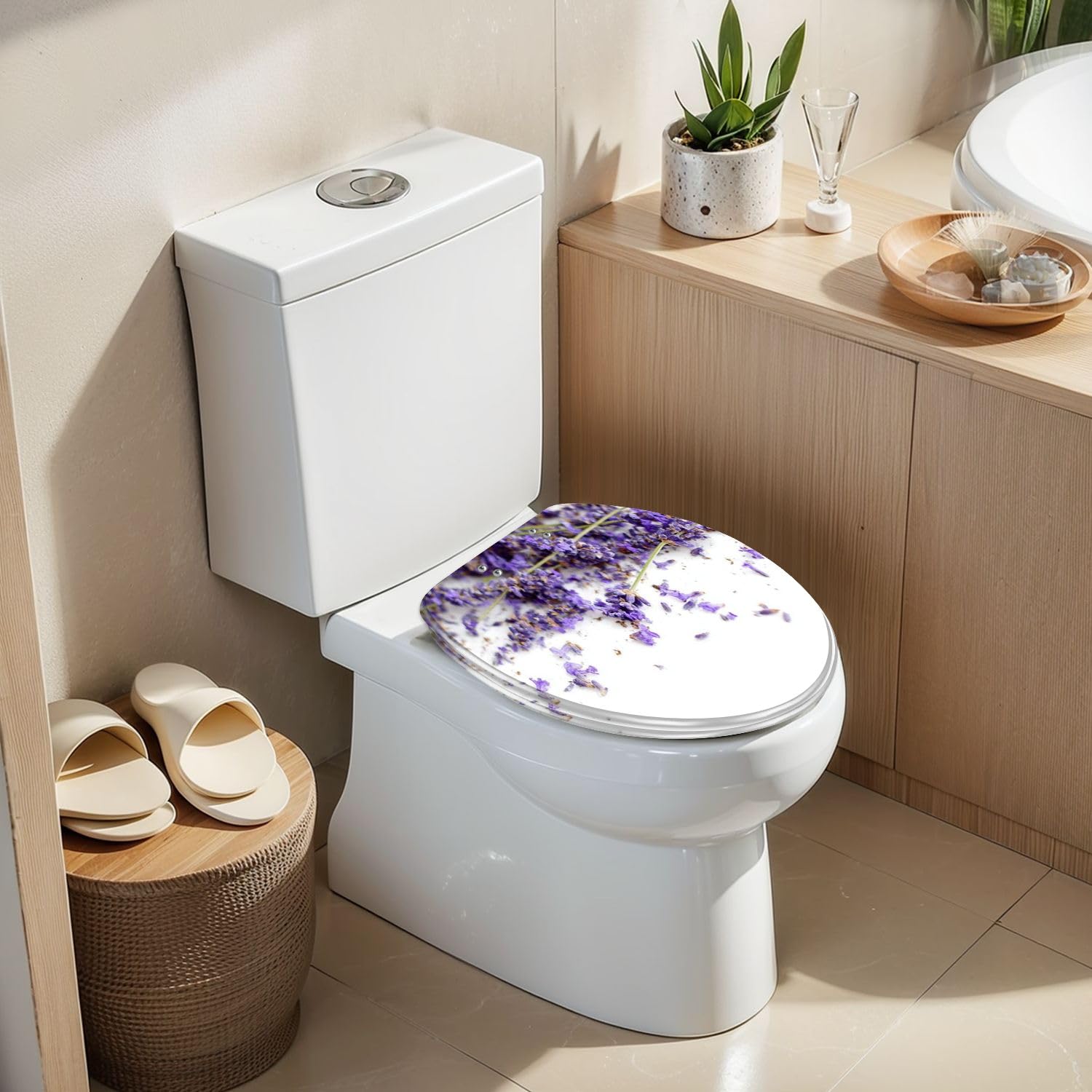 Asiento de inodoro alargado con cierre suave y silencioso para uso doméstico en el baño.