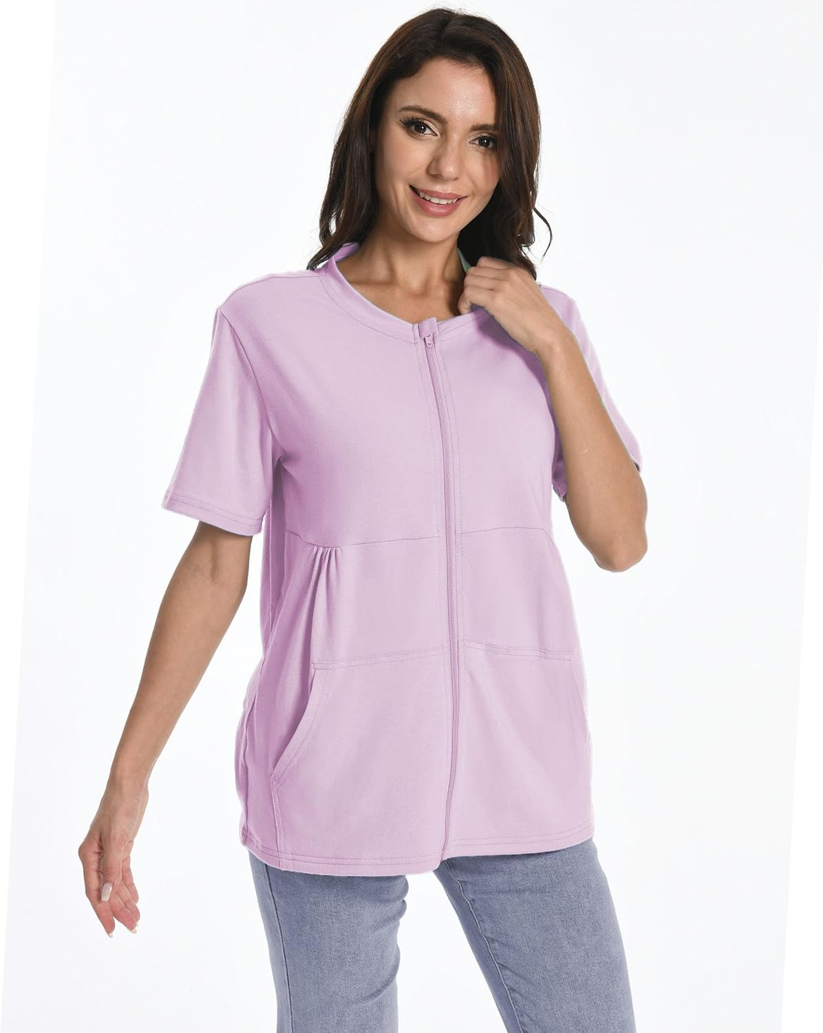 Post Mastectomy Zip Shirts with Drain Pockets Surgery Recovery Must Haves Clothing Comfy Short Sleeve Shirts - Image 3