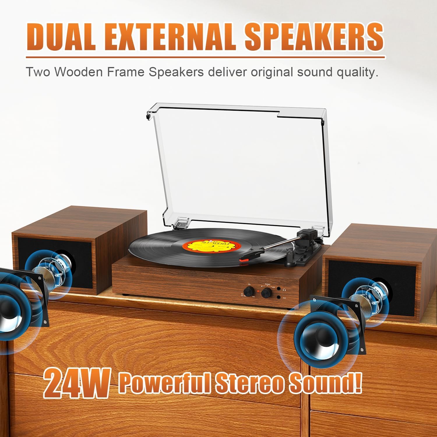 Record Player for Vinyl with External Speakers, Bluetooth 3 Speed Vintage Belt-Driven 33 45 78 RPM Turntable with Stereo Speakers, MP3 PC Recording, RCA Line-Out, AUX-in Headphone Out, Walnut